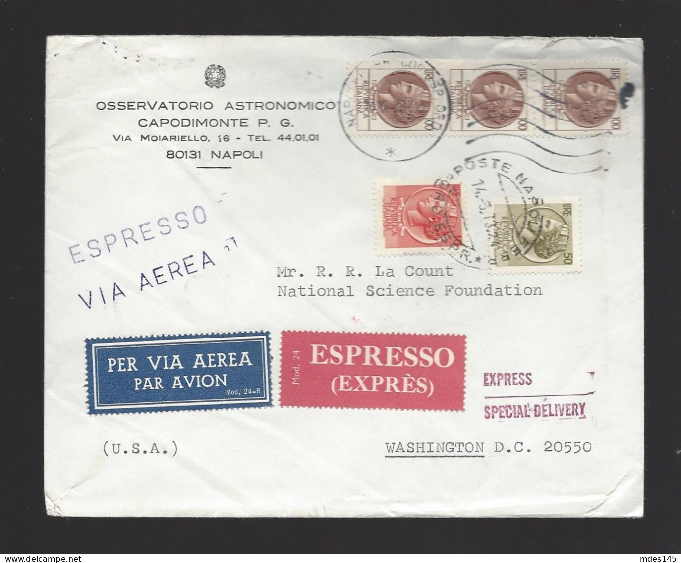 Italy Multifranked Express Special Delivery Airmail 1973 Cover To US Backstamp - Express/pneumatic Mail