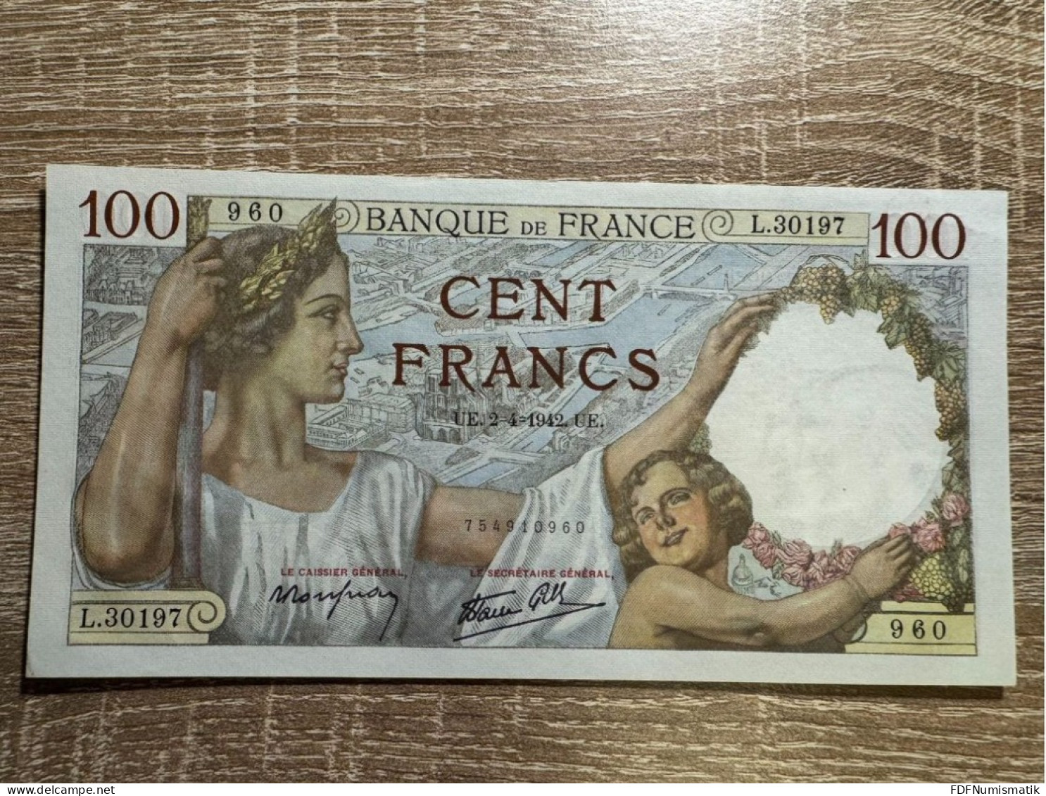 France ，100 Francs 1942，Pick 94 ，Gem UNC - 100 F 1939-1942 ''Sully''