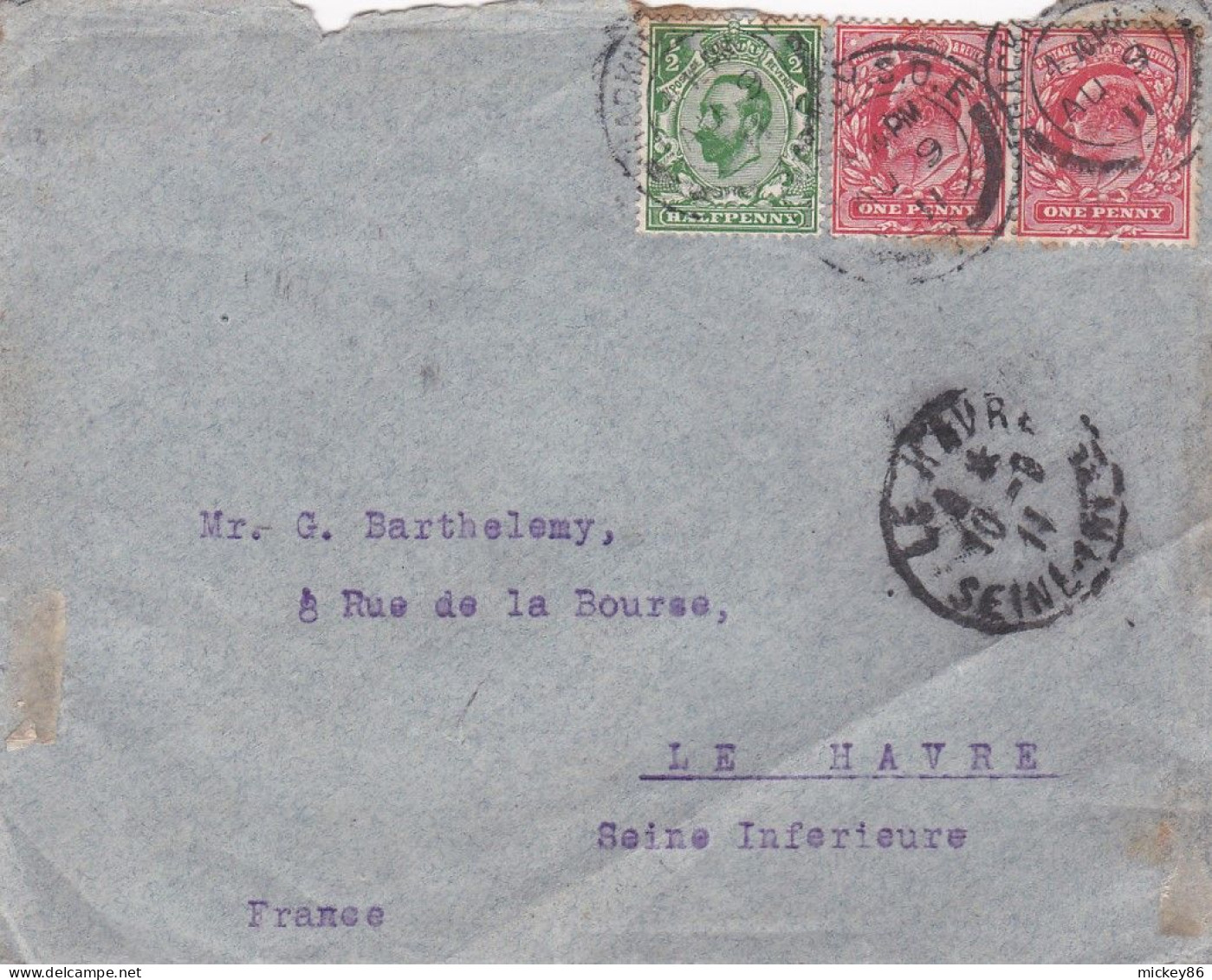 Grande-Bretagne-- 1911-- Lettre De LONDON (Islington)  Pour  LE HAVRE-76 (France)--date  9 AU 1911 - Cartas & Documentos