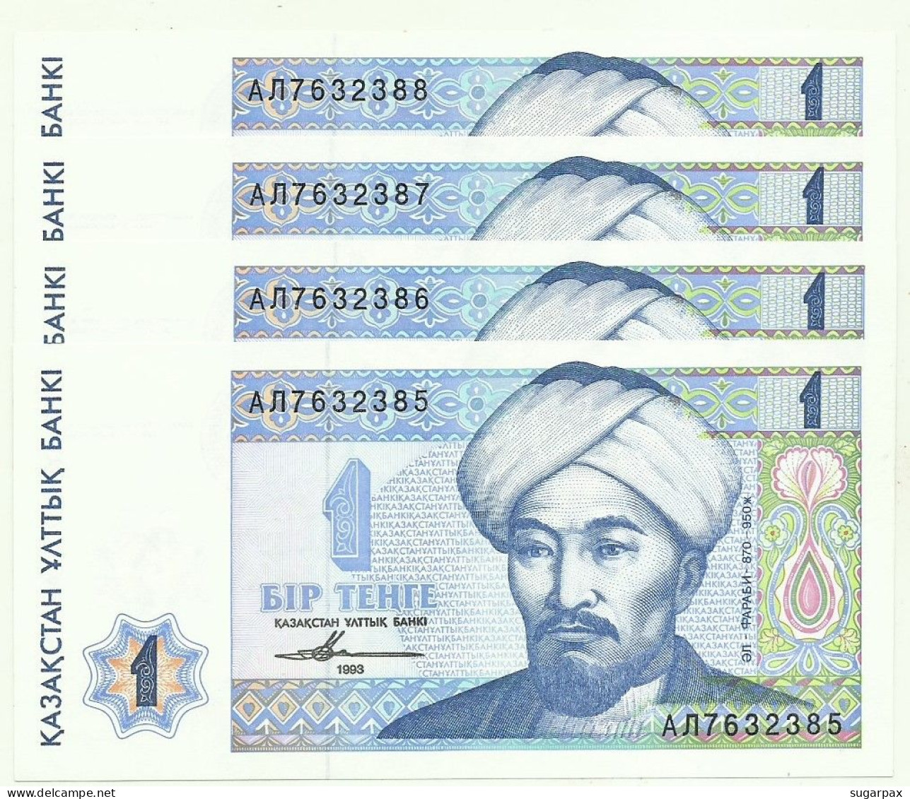 KAZAKHSTAN - 4 X 1 Tengé Consecutive - 1993 - Pick 7 - Unc. - Serie АЛ - Al-Farabi - Kazakhstan