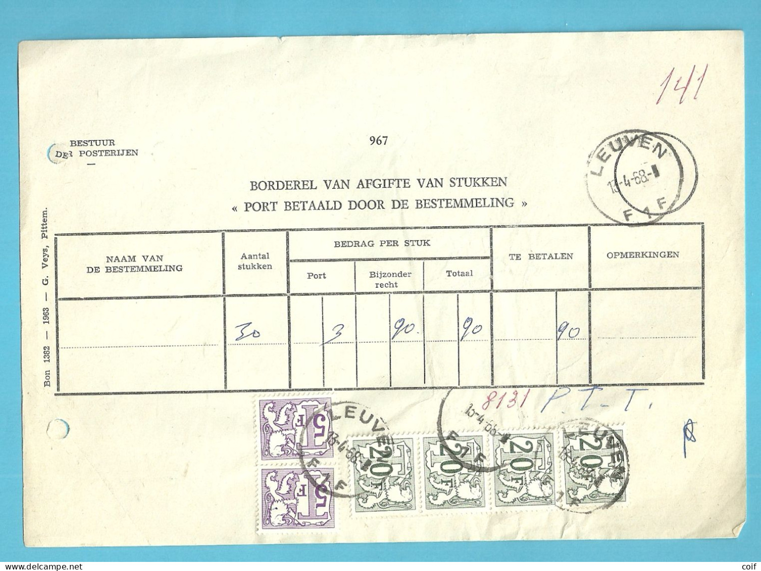 TX 69+72 Op BORDEREAU DE REMISE D'ENVOIS "PORT PAYE PAR LE DESTINATAIRE", Stempel LEUVEN (Rare Met Taxezegels !!! - Covers & Documents