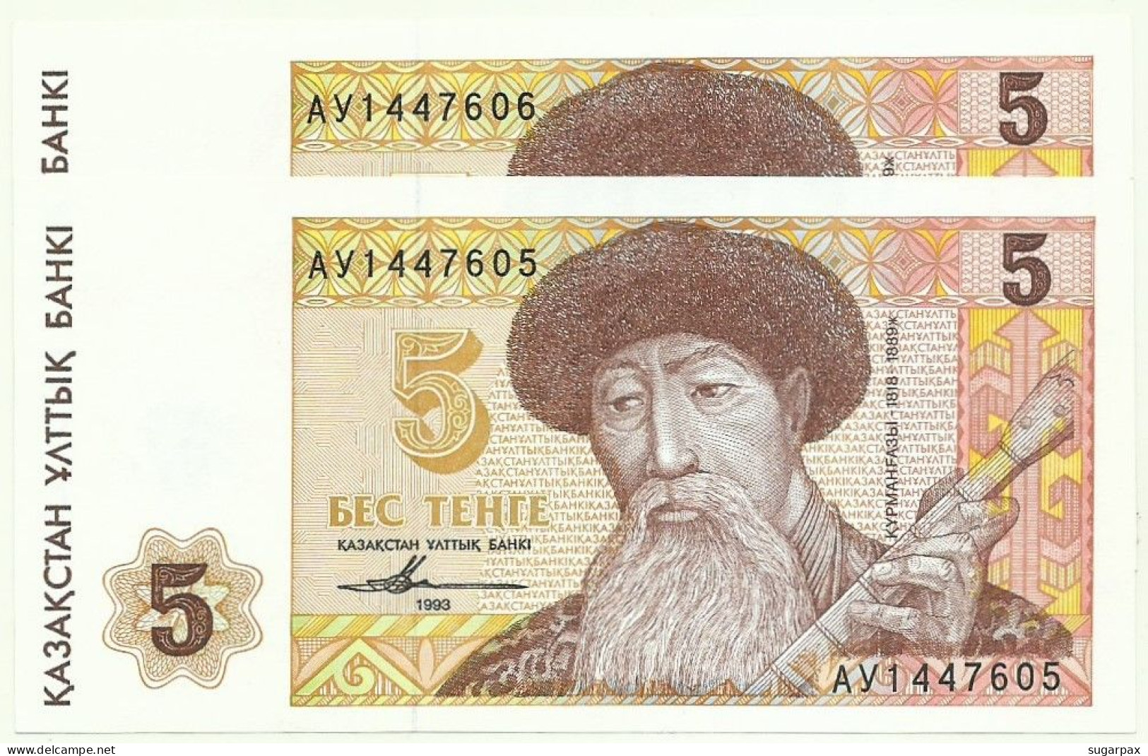 KAZAKHSTAN - 2 X 5 Tengé Consecutive - 1993 - Pick 9 - Unc. - Serie АУ - Kurmangazy - Kazachstan