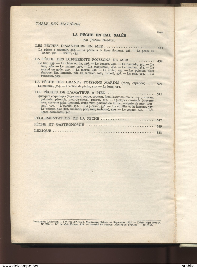 LA PECHE - JEROME NADAUD - ILLUSTRATIONS DE M. BOURGEOIS ET A. GALLAND -  EDITE PAR LA LIBRAIRIE LAROUSSE EN 1955