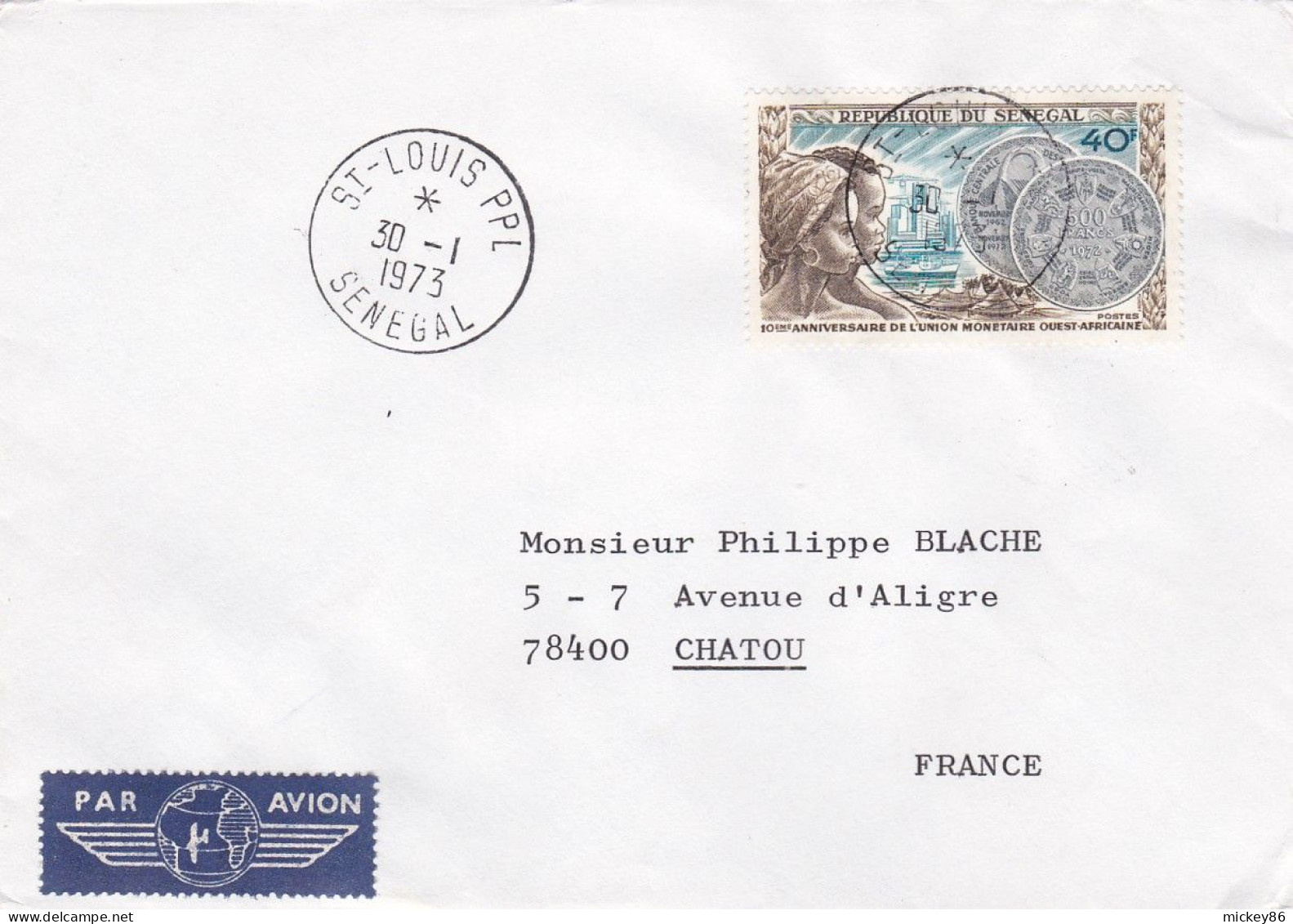 Sénégal-1973- Lettre St LOUIS PPL  Pour CHATOU-78 (France)-Beau Timbre (monnaies)  Seul Sur Lettre --beau Cachet - Senegal (1960-...)