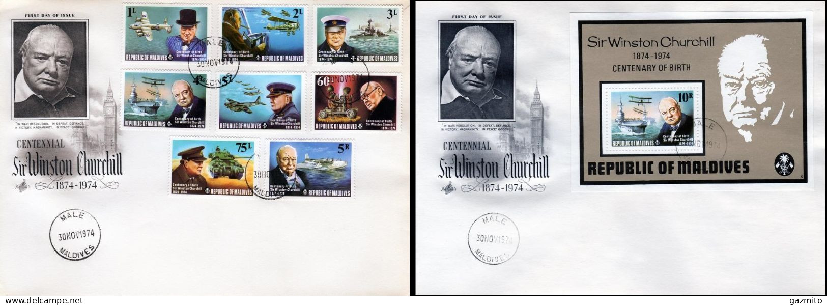 Maldives 1974, Churchill, WWII, 2FDC - Sir Winston Churchill