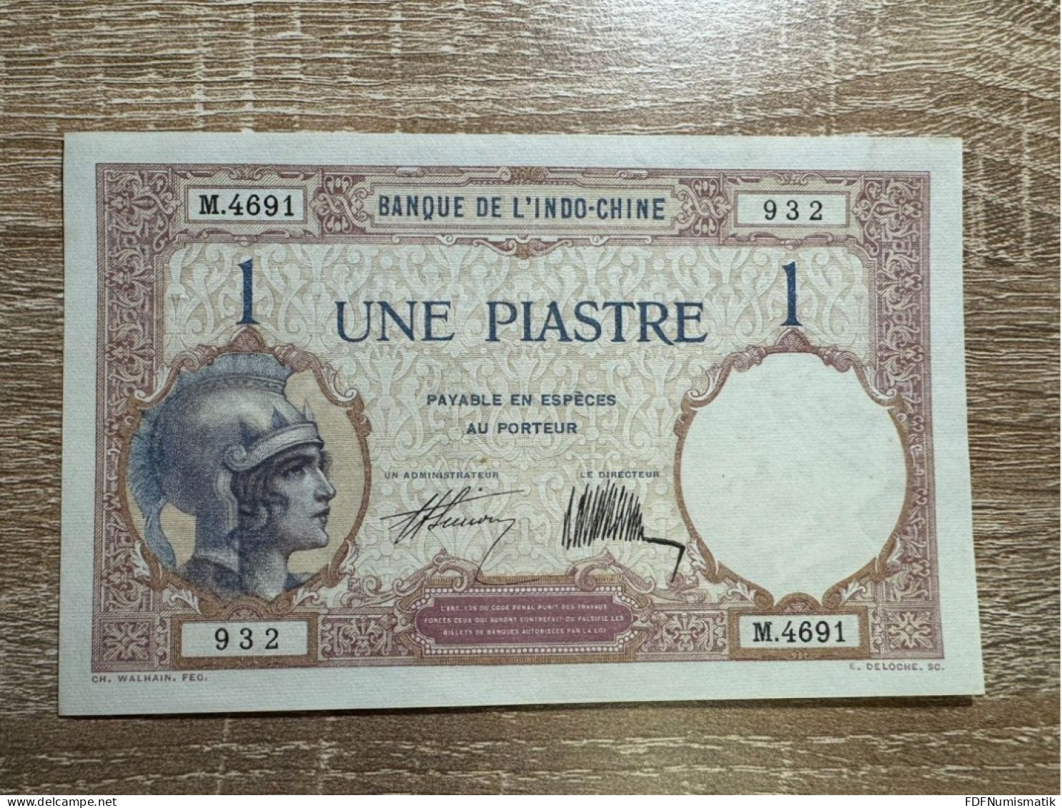 French Indochina ，1 Piastre ，pick 48b，1921-1931，with 2 Pinholes Otherwise Gem UNC - Indochina