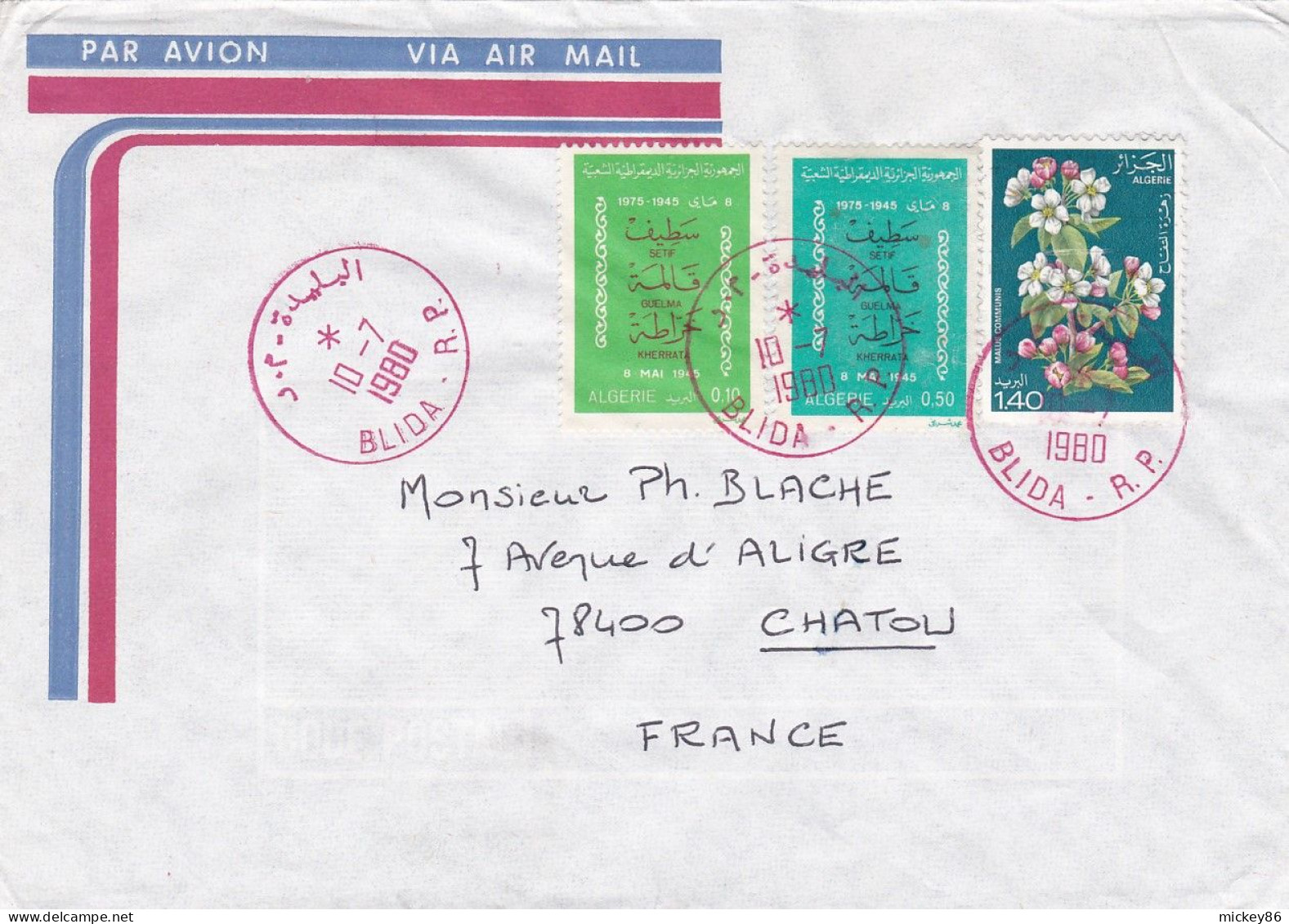 Algérie -1980- Lettre  BLIDA R.P  Pour CHATOU--78 (France)-Beaux Timbres Sur Lettre --beaux Cachets  Rouges - Algérie (1962-...)