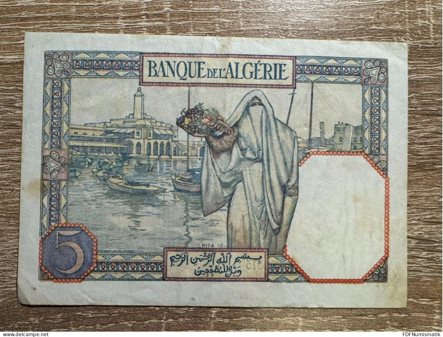 Algeria ，5 Francs，1941，pick 77b，gVF-EF  Condition - Algeria
