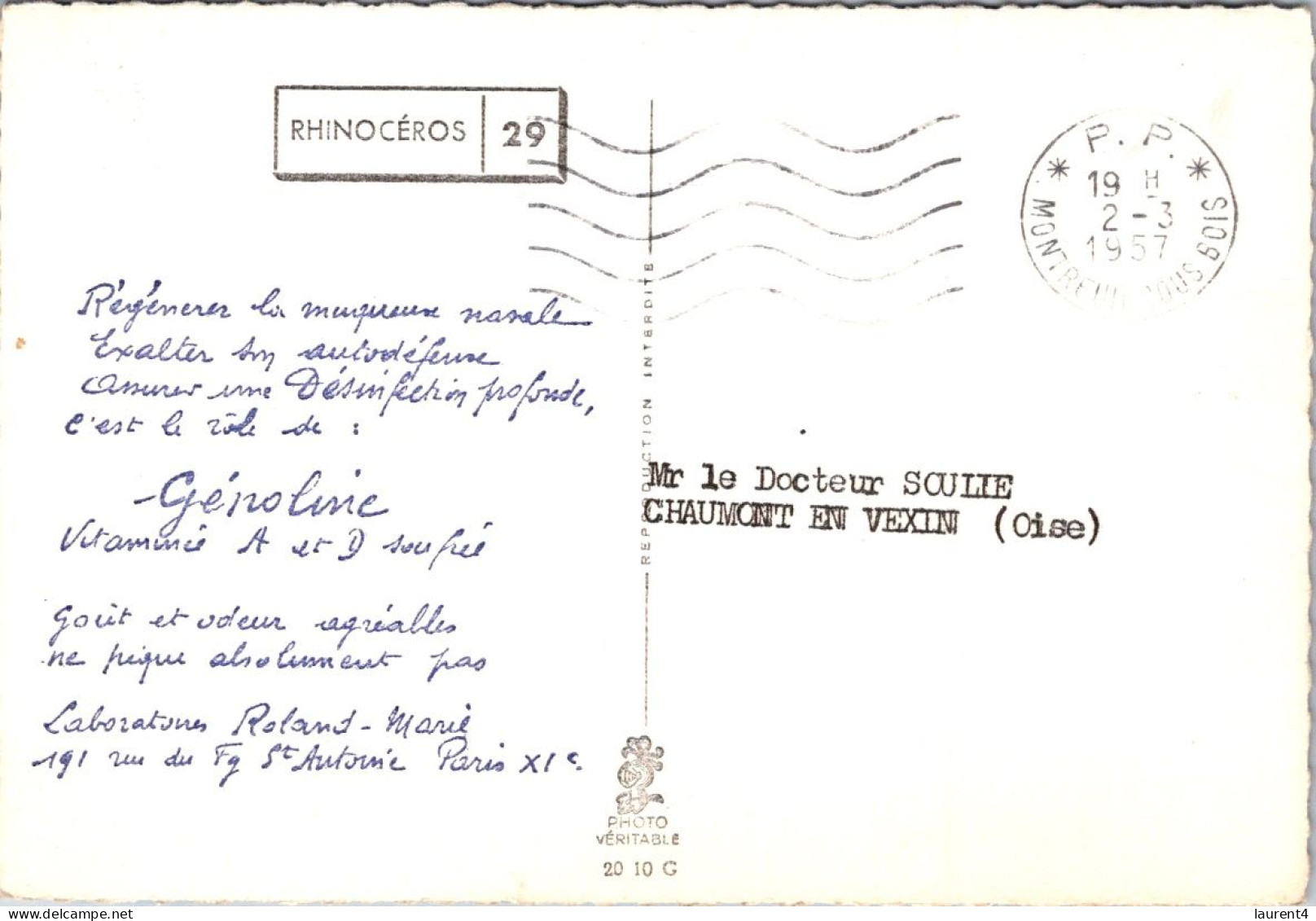 20-2-2024 (4 X 43) Genoline - Black & White (posted In 1957) 29 - Rhinoceros - Rhinocéros