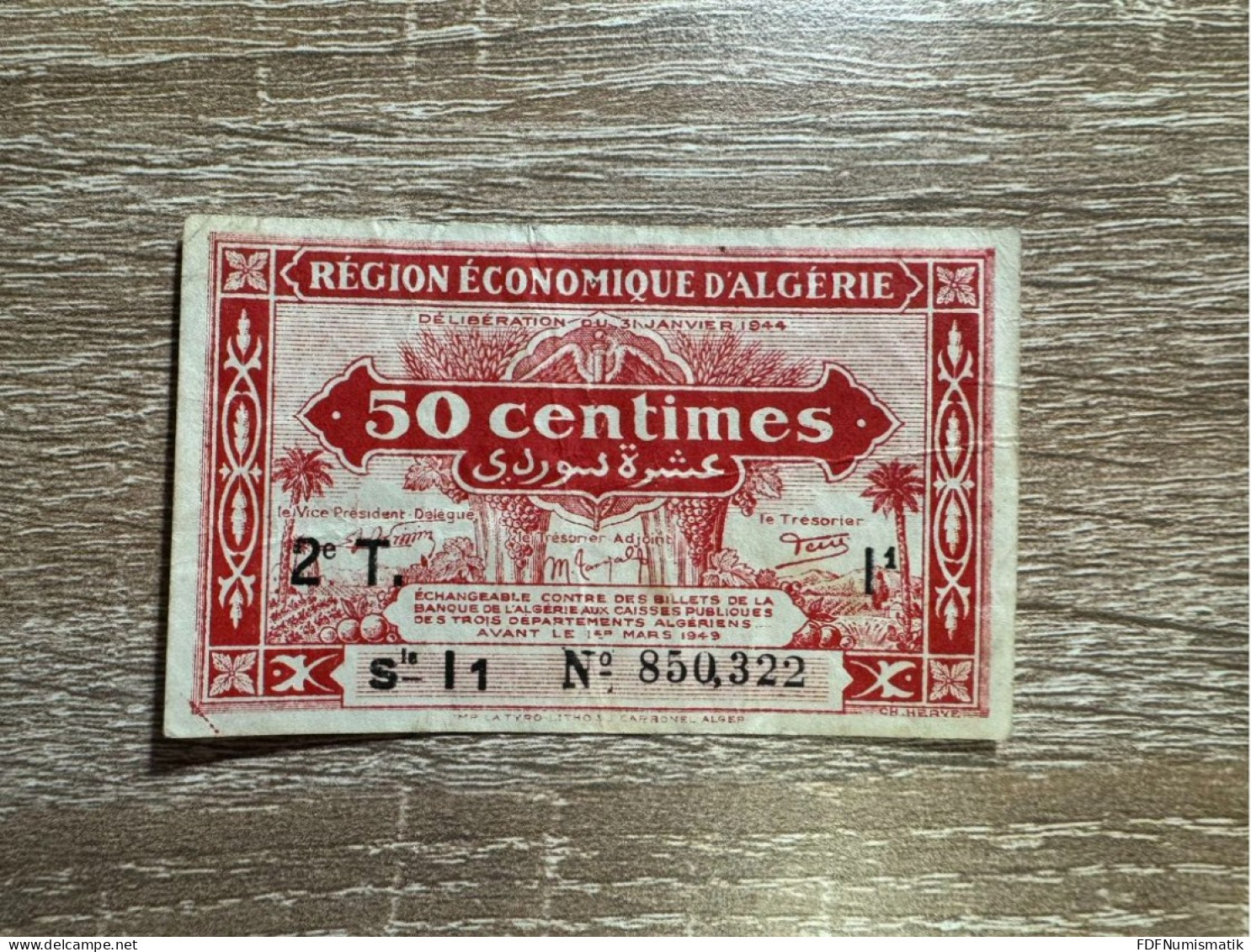 Algeria ，50 Centimes = 10 Surdi ，1944 ，pick 100，overprint T, VF Condition - Algerien