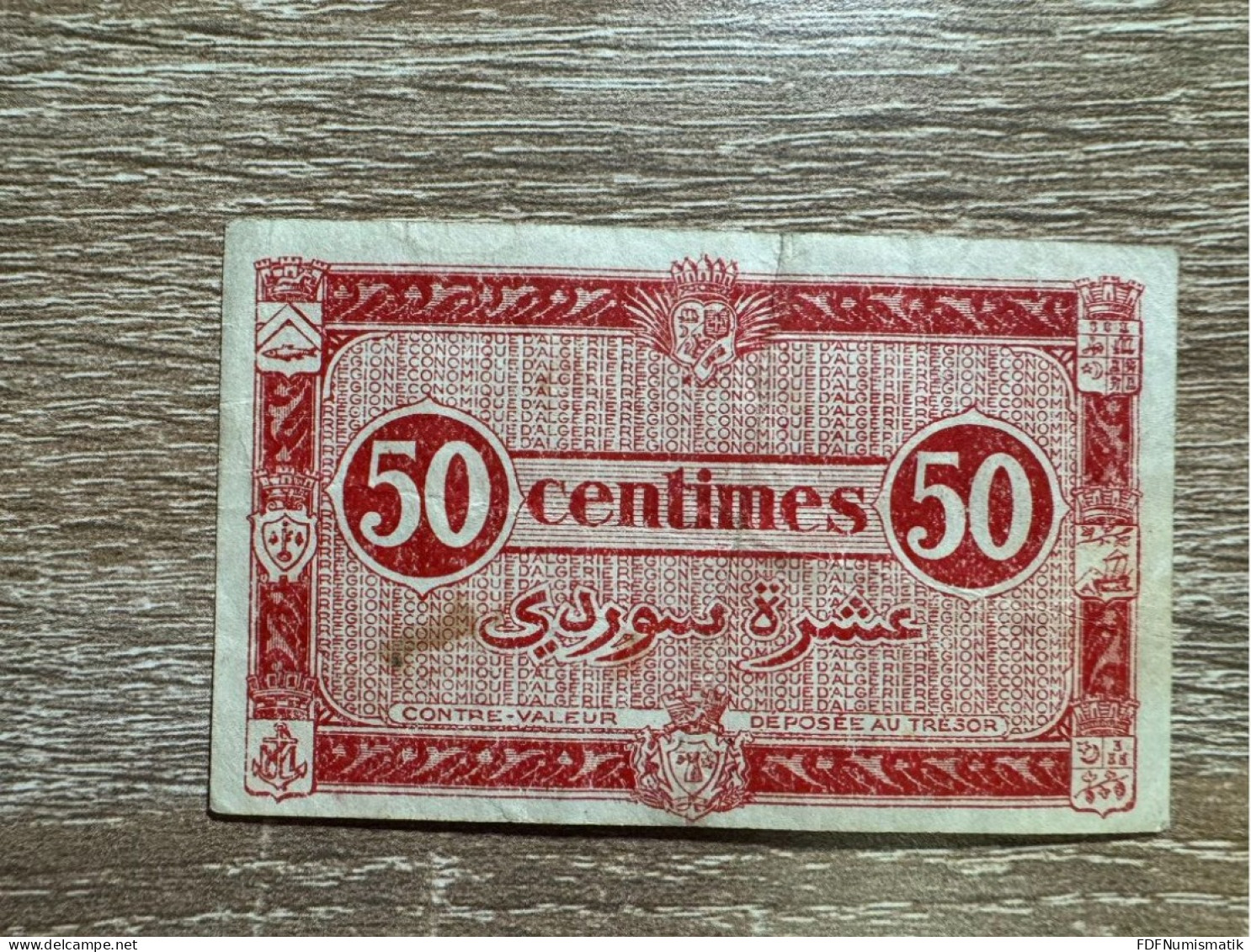 Algeria ，50 Centimes = 10 Surdi ，1944 ，pick 100，overprint T, VF Condition - Algérie