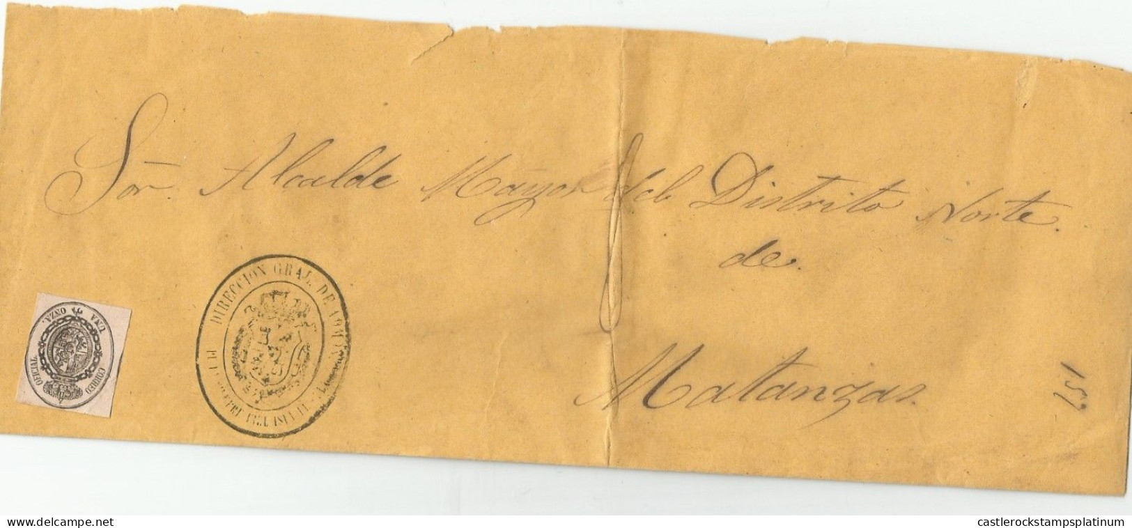 O) 1855 CUBA, SPANISH COLONY, OFFICIAL, COAT OF ARMS 1 Onza Black, CIRCULATED TO MATANZAS - Prephilately