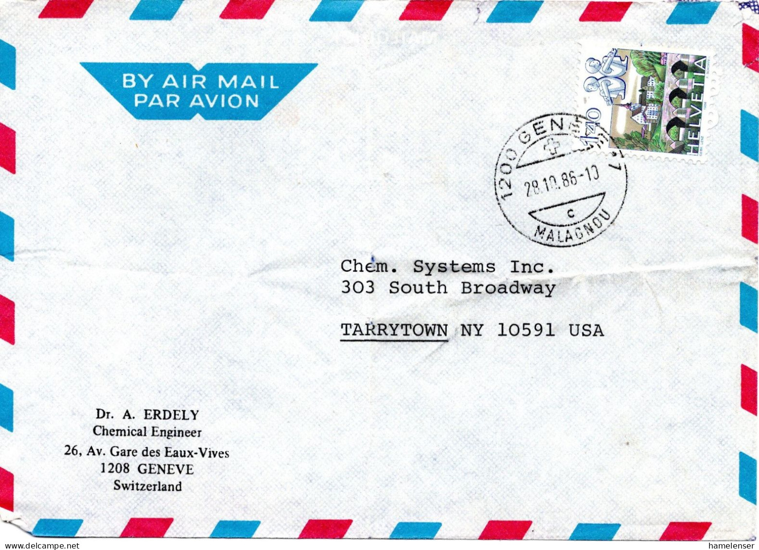 75062 - Schweiz - 1986 - Fr.1,40 Sternzeichen EF A LpBf (buegig) GENEVE -> Tarrytown, NY (USA) - Brieven En Documenten