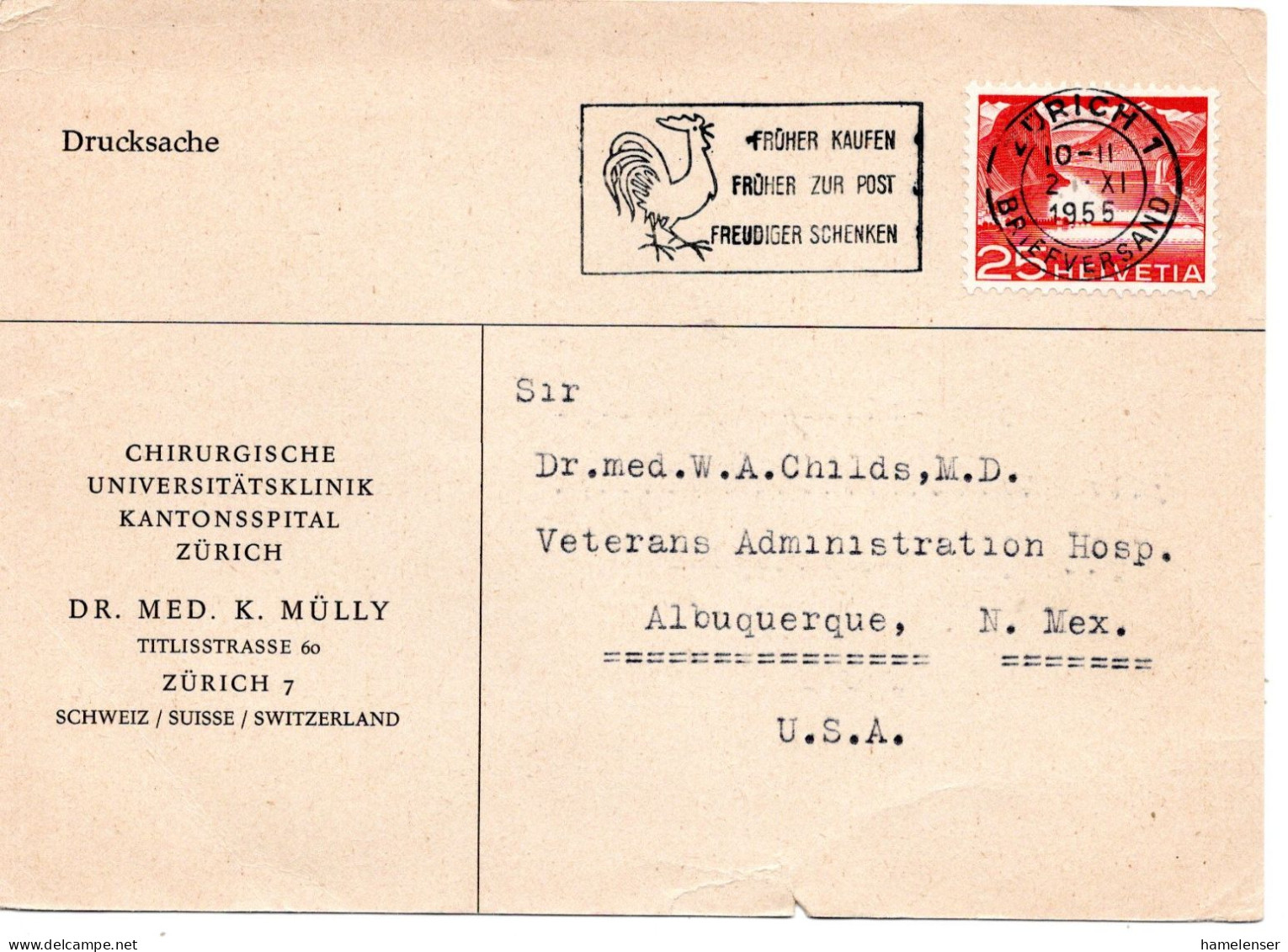 75065 - Schweiz - 1955 - 25Rp Landschaft A DrucksKte ZUERICH - ... -> Albuquerque, NM (USA) - Cartas & Documentos