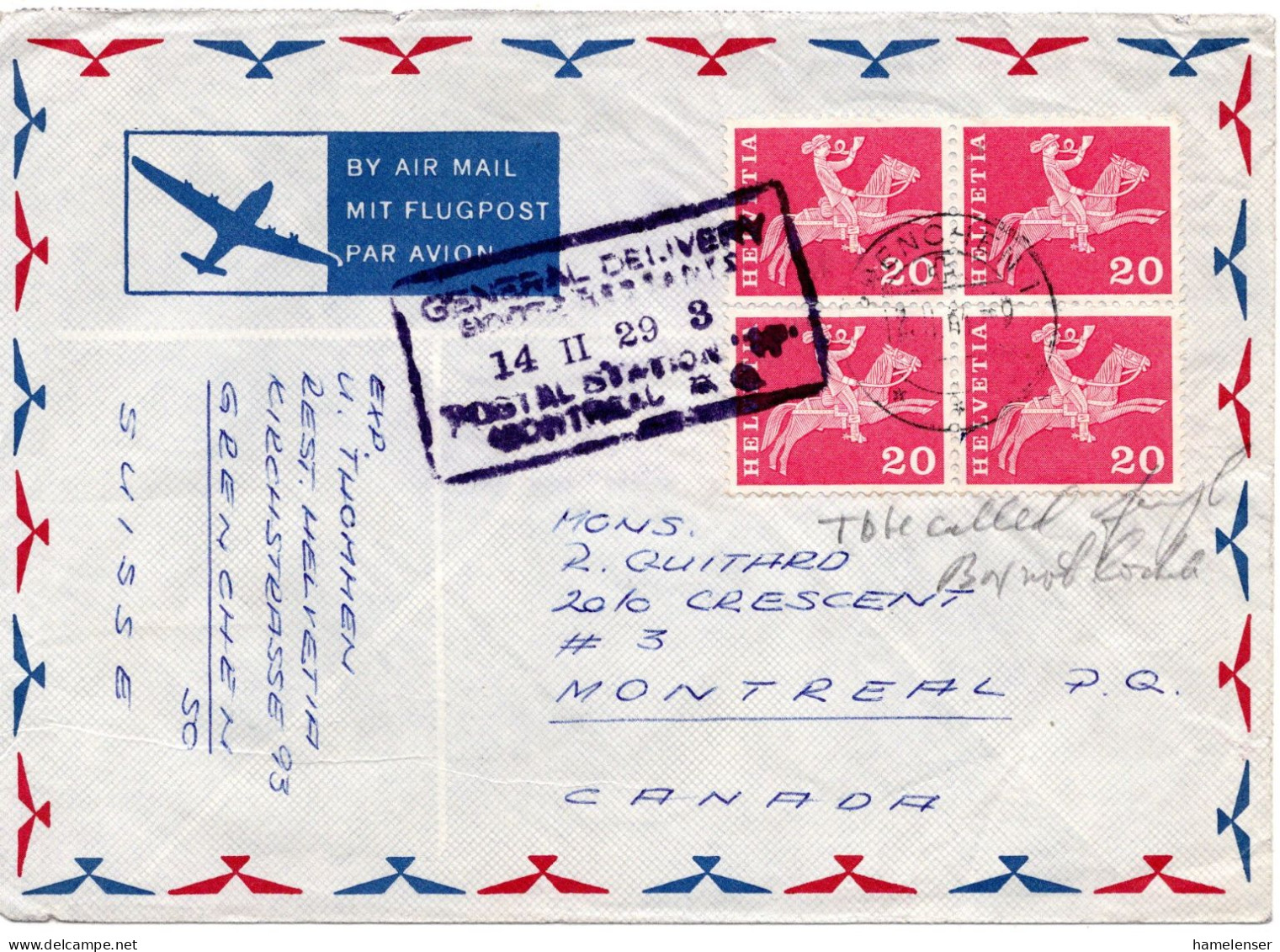 75068 - Schweiz - 1964 - 20Rp Postreiter 田 A LpBf GRENCHEN -> MONTREAL, PQ (Canada) - Covers & Documents