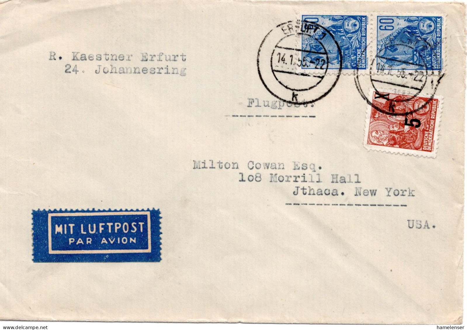 75071 - DDR - 1955 - 2@60Pfg Fuenfjahrplan MiF A LpBf ERFURT -> Ithaca, NY (USA) - Storia Postale