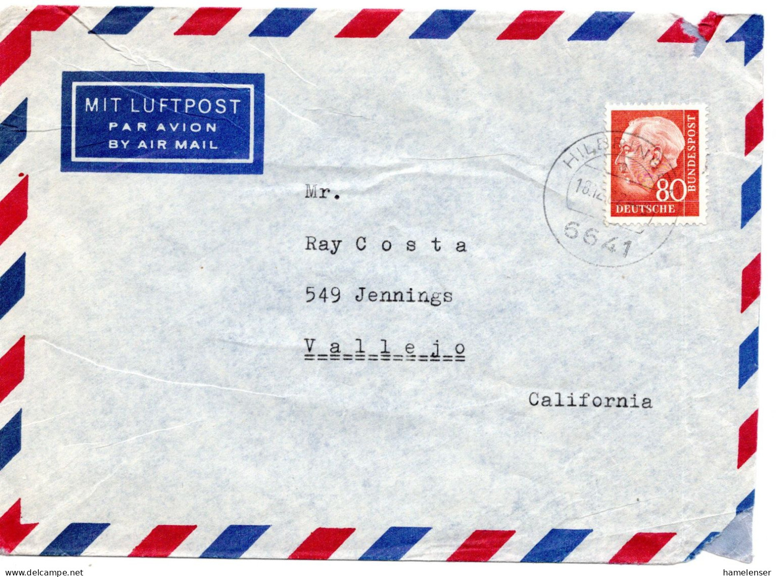 75072 - Bund - 1962 - 80Pfg Heuss II EF A LpBf (etw Buegig) HILBRINGEN -> Vallejo, CA (USA) - Briefe U. Dokumente