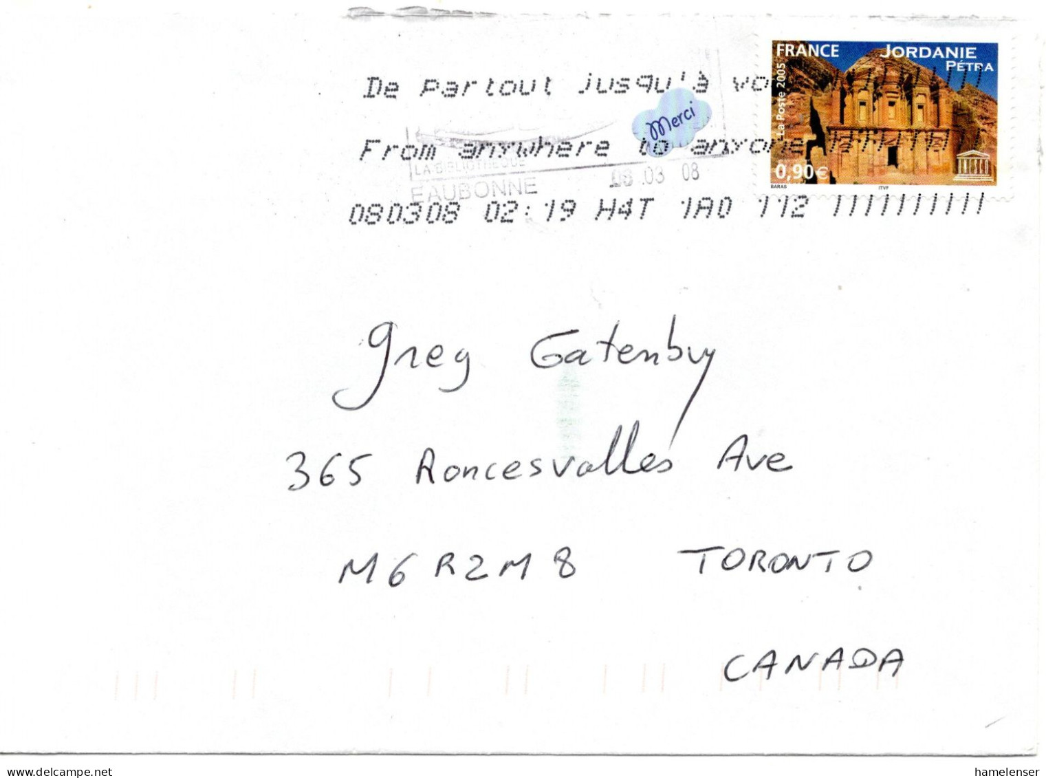 75075 - Frankreich - 2008 - €0,90 Jordanien EF A Bf EAUBONNE -> Toronto, ON (Canada) - Lettres & Documents