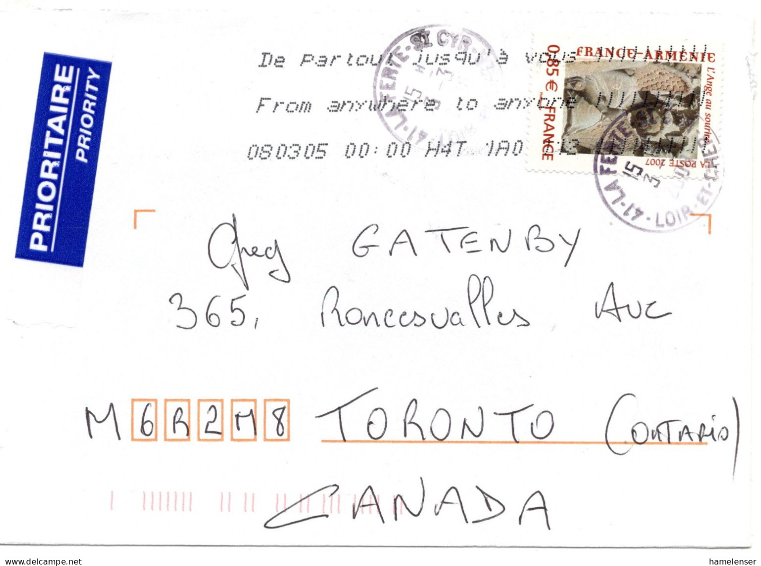 75077 - Frankreich - 2008 - €0,85 Armenien EF A Bf LA FERTE ST CYR -> Toronto, ON (Canada) - Storia Postale