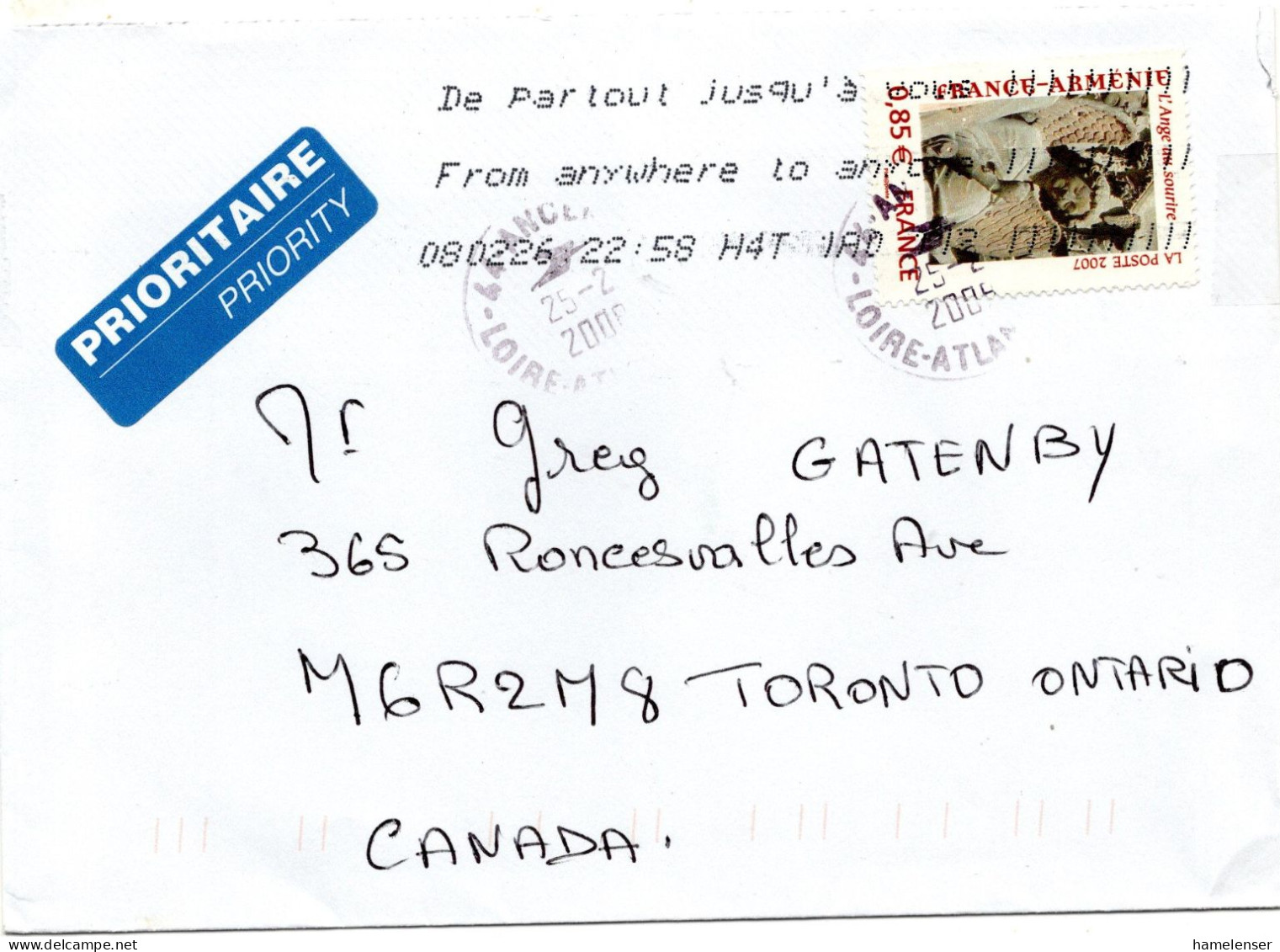 75079 - Frankreich - 2008 - €0,85 Armenien EF A Bf ANCENIS -> Toronto, ON (Canada) - Storia Postale