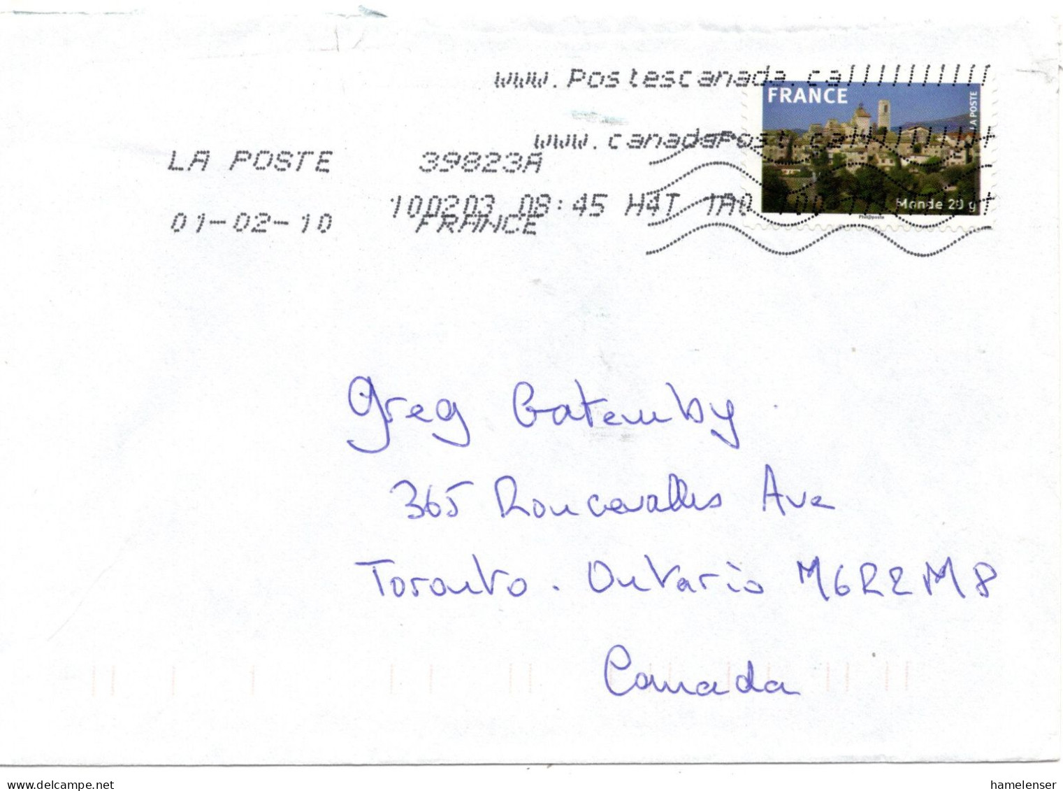 75080 - Frankreich - 2010 - "Monde" Ortschaft EF A Bf 39823A -> Toronto, ON (Canada) - Lettres & Documents