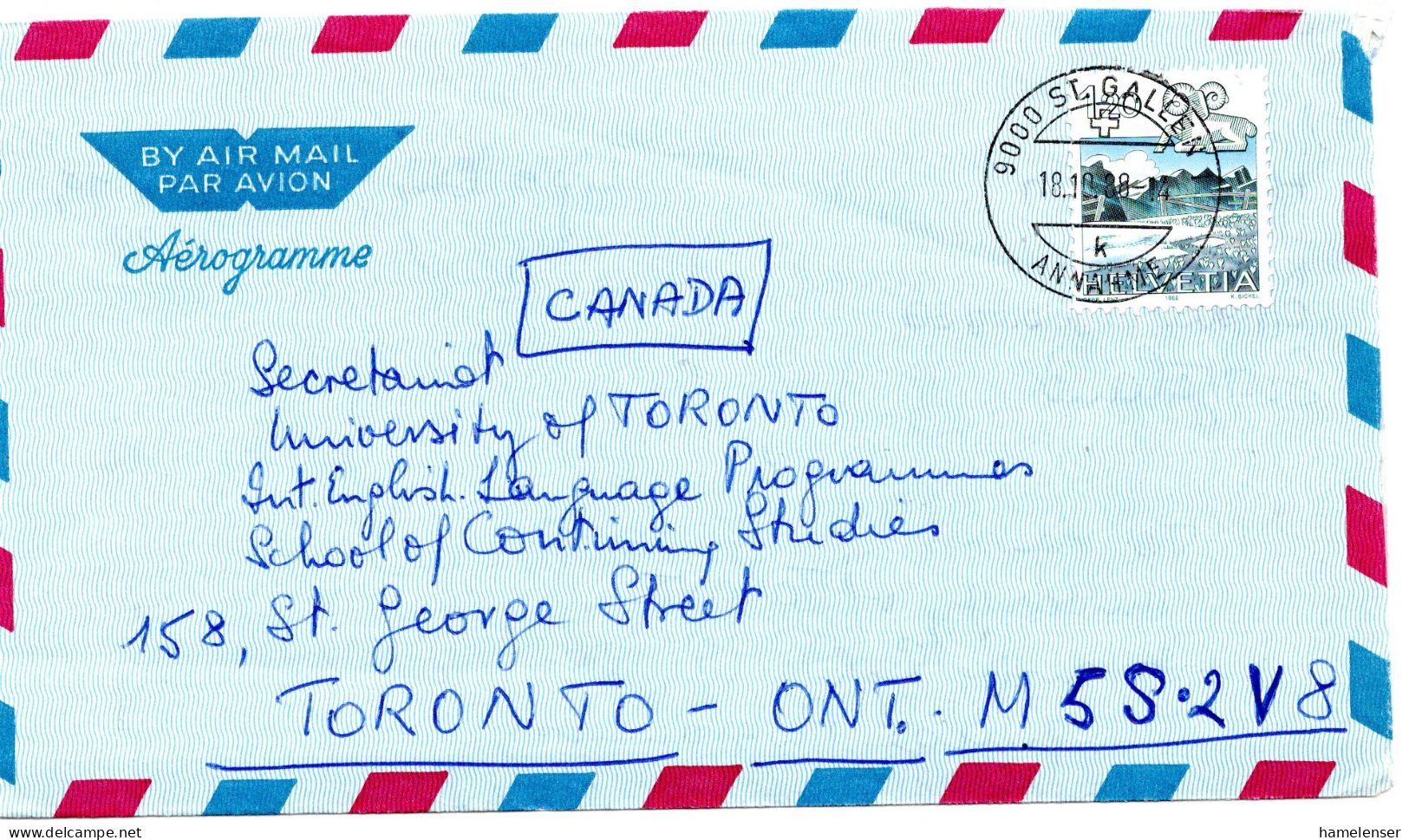 75082 - Schweiz - 1988 - Fr.1,20 Sternzeichen EF A Aerogramm ST GALLEN -> Toronto, ON (Canada) - Cartas & Documentos