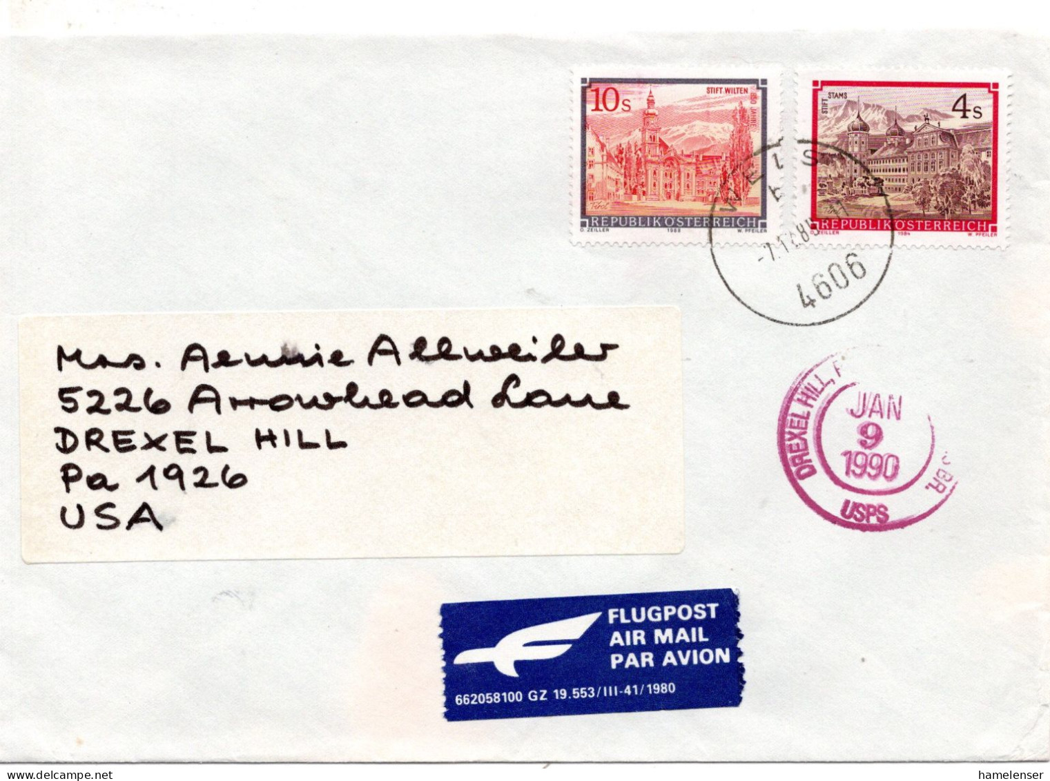 75086 - Österreich - 1989 - 10S Stift Wilten MiF A LpBf WELS -> DREXEL HILL PA (USA) - Lettres & Documents