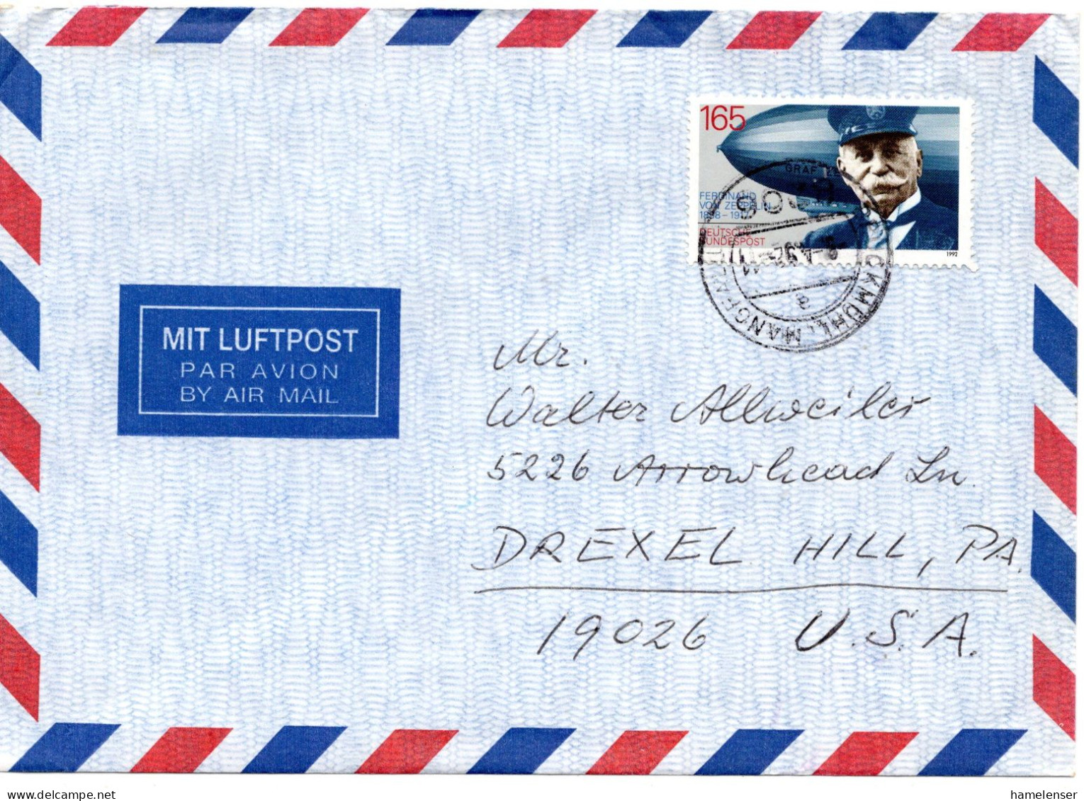 75090 - Bund - 1992 - 165Pfg Zeppelin EF A LpBf BRUCKMUEHL  -> Drexel Hill, PA (USA) - Storia Postale