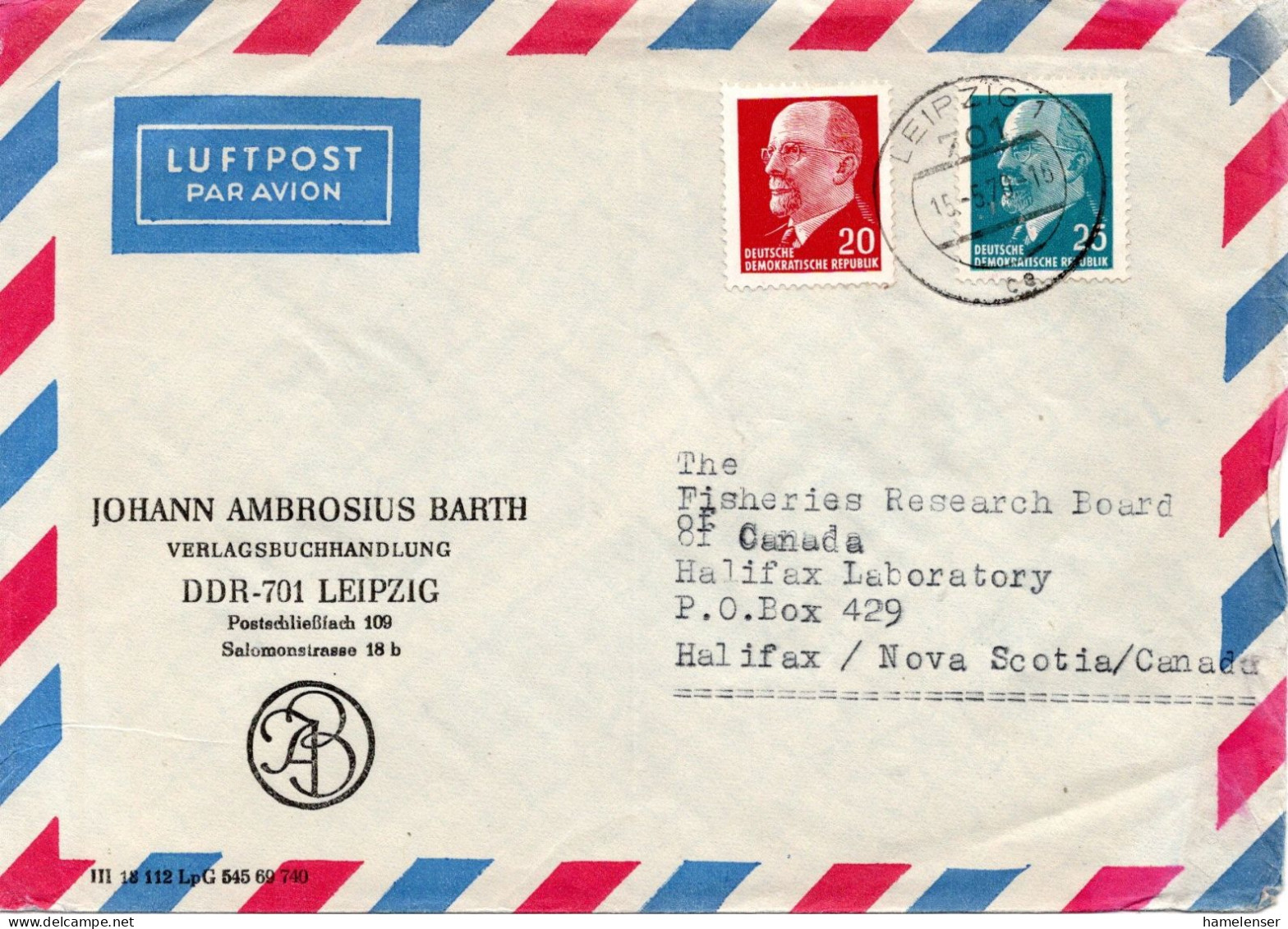 75091 - DDR - 1970 - 25Pfg Ulbricht MiF A LpBf LEIPZIG  -> Halifax, NS (Canada) - Lettres & Documents