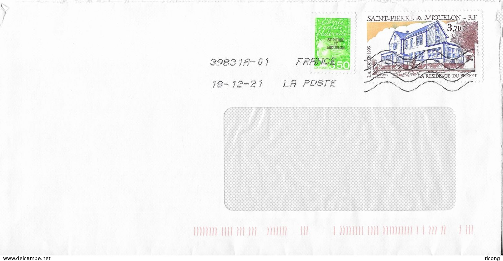 SAINT PIERRE ET MIQUELON LETTRE AVEC TIMBRES LA RESIDENCE DU PREFET, SURCHARGE MARIANNE DE LUQUET, FLAMME LA POSTE 2021 - Covers & Documents