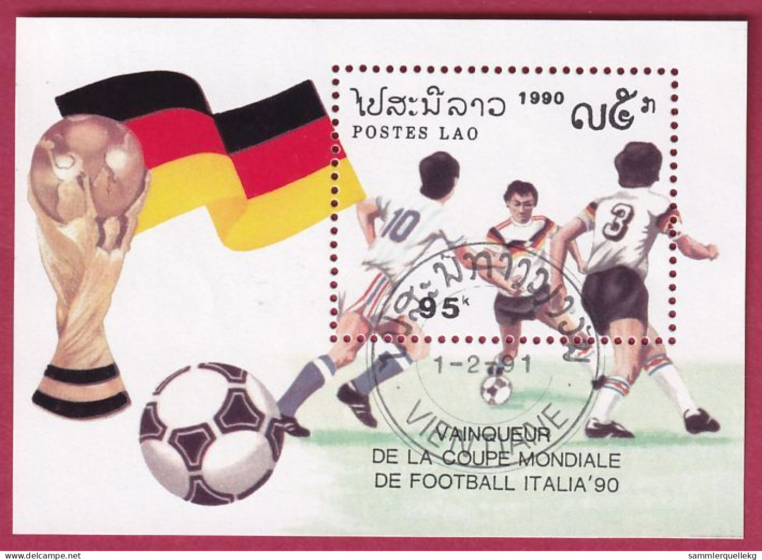 Laos Block 135 Gestempelt, Gewinn Fußballweltmeisterschaft 1990 Deutschland (Nr. 2496) - 1990 – Italie