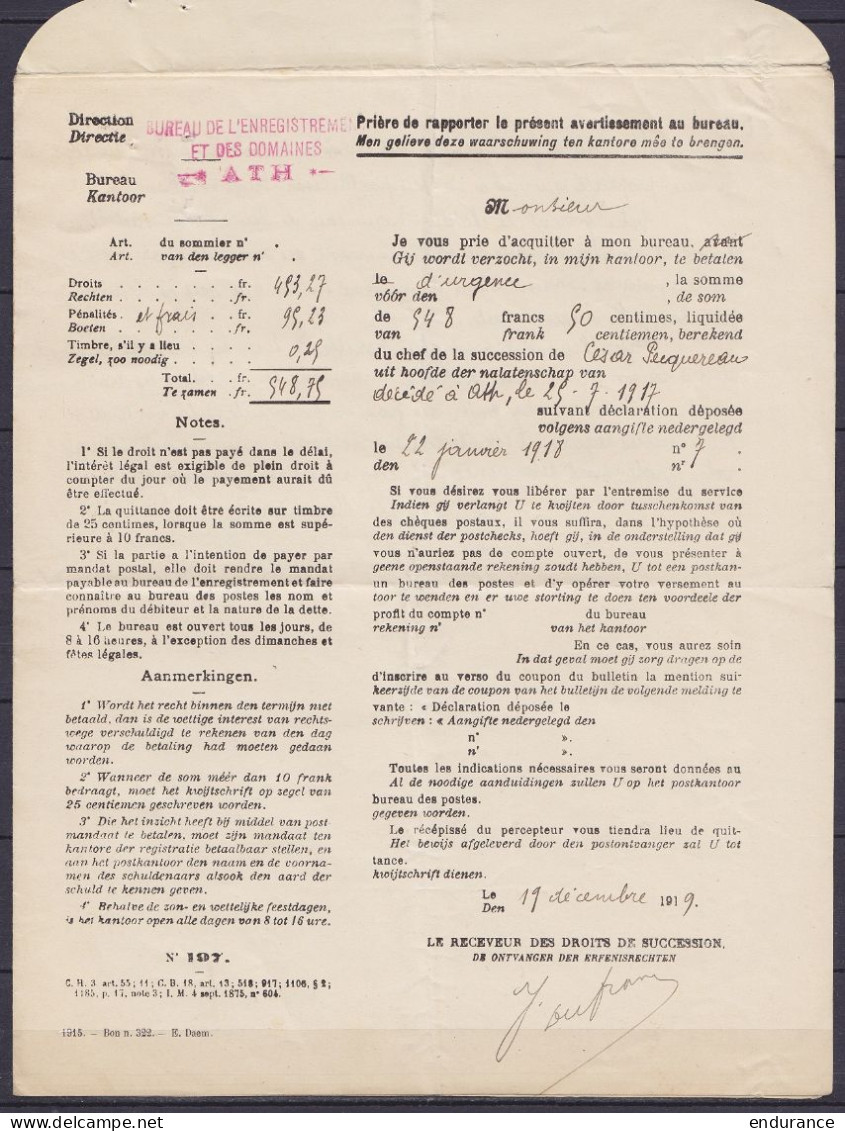 Formulaire Imprimé "Ministère Des Finances Affr. N°137+168 (tarif Préférentiel) Càd TOURNAI /22 XII 1919/ DOORNIJK Pour  - 1919-1920 Roi Casqué