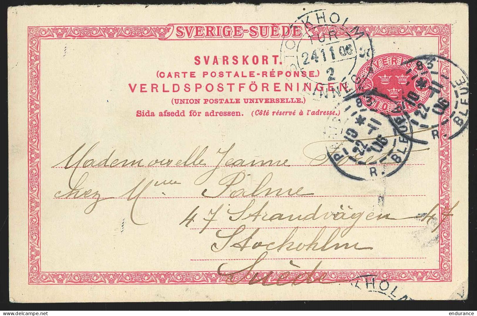 Ep Réponse Càd PARIS/1906 Pour Stockholm  - Cartas/Sobre De Respuesta T