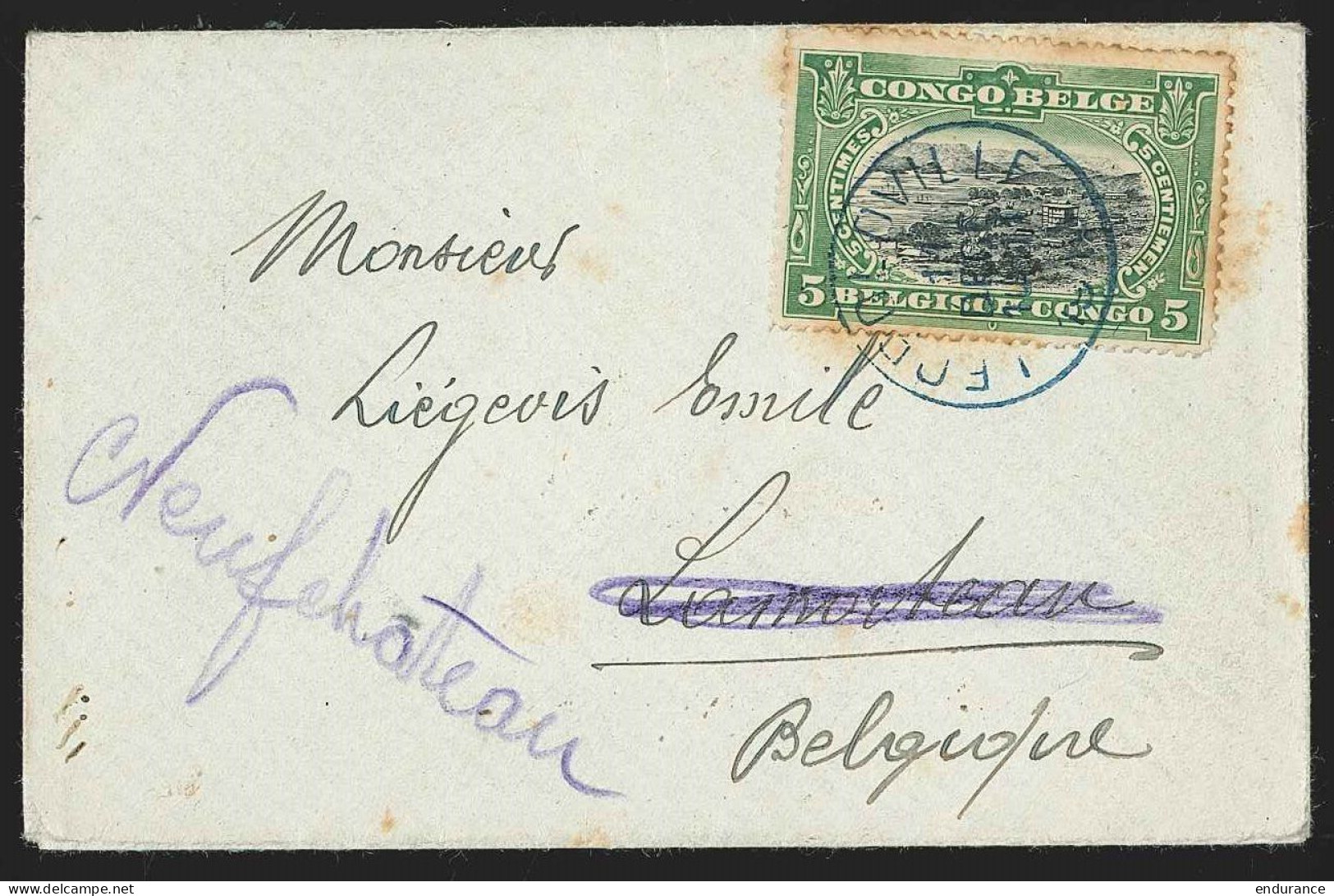 Envel Carte De Visite Affr 5c Mols Càd Bleu LEOPOLDVILLE/1910 Pour Lamorteau Réexp Vers Neufchâteau - Lettres & Documents