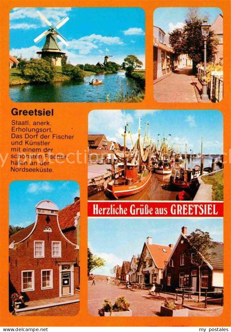 72744957 Greetsiel Wasserstrasse Windmuehle Teilansichten Hafen Fischkutter Krum - Krummhoern