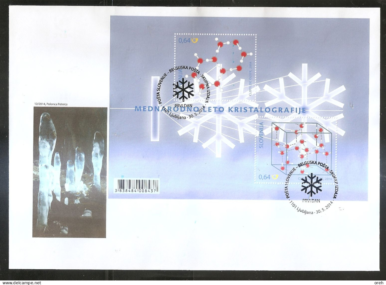 SLOVENIA 2014,YEAR OF  CRYSTALLOGRAPHY,BLOCK,SNOWFLAKE CRYSTAL,FDC - Minerali