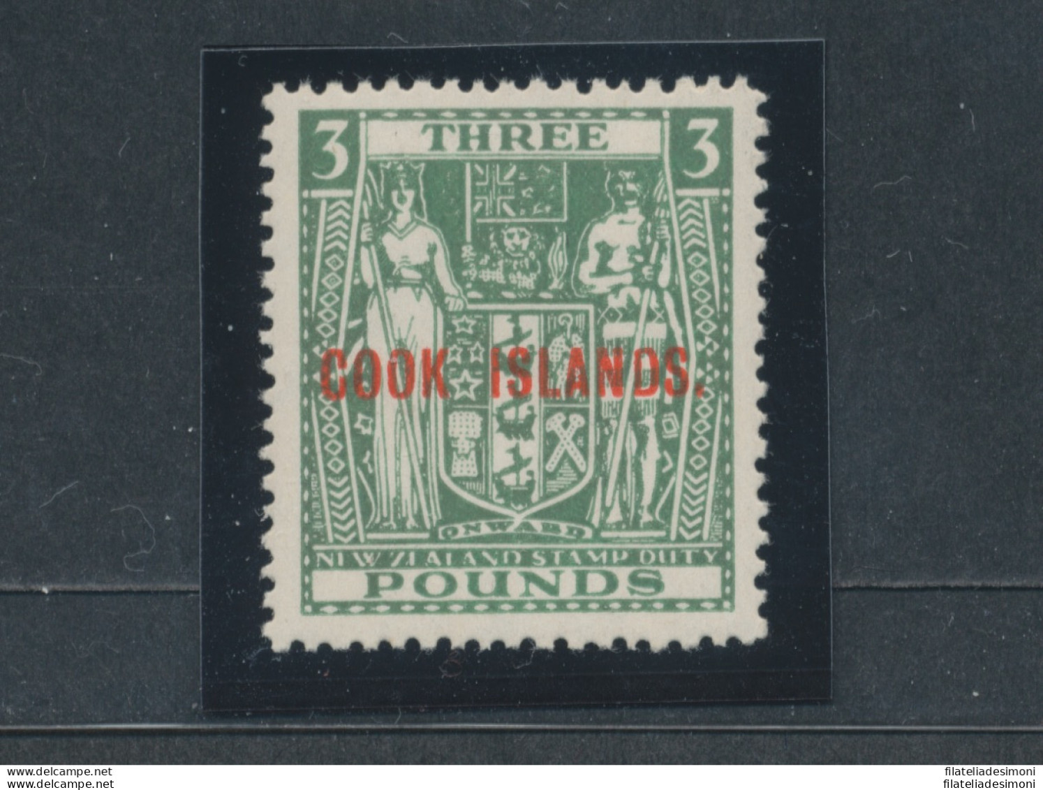 1936-44 COOK ISLANDS, Stanley Gibbons N. 123b- 3 £ GREEN - Francobollo Di New Zealand Soprastampato Cook Islands. - MNH - Other & Unclassified