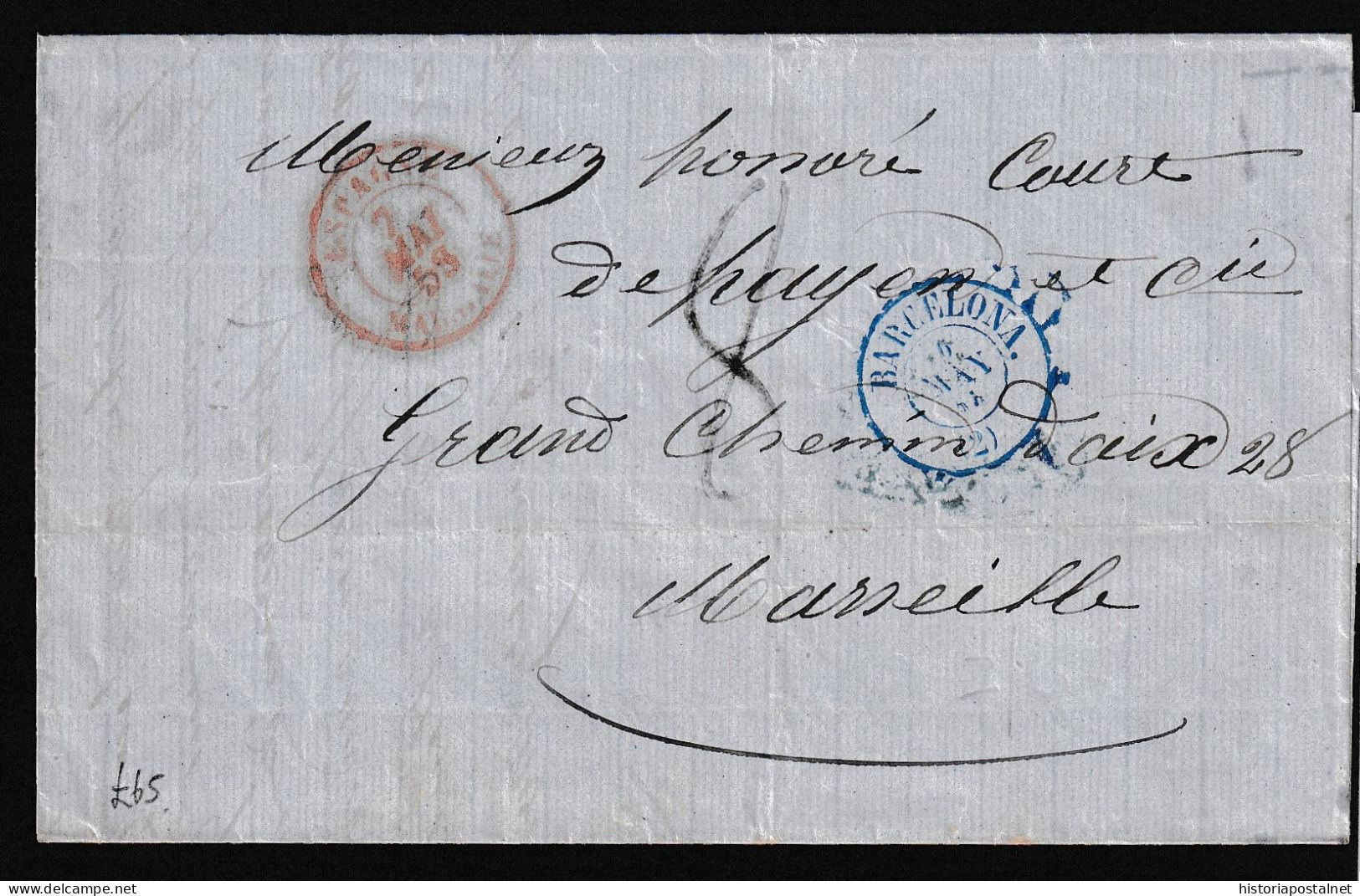 1858. Barcelona A Marsella. Envuelta Cursada Por Vía Marítima. Precioso Ejemplar. - ...-1850 Prephilately