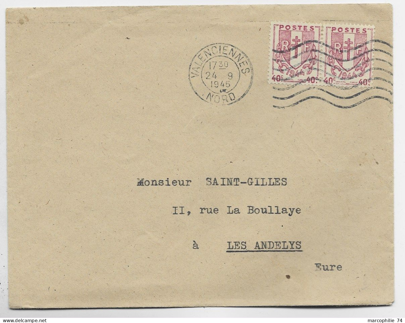 CHAINE 40C PAIRE LETTRE COVER VALENCIENNES 24.8.1945 AU TARIF IMPRIME - 1941-66 Armoiries Et Blasons