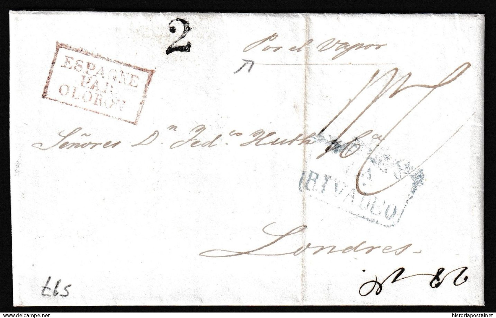 1838. Ribadeo A Londres. Vía Olorón Y Por El Vapor. Carlist War. - ...-1850 Prephilately