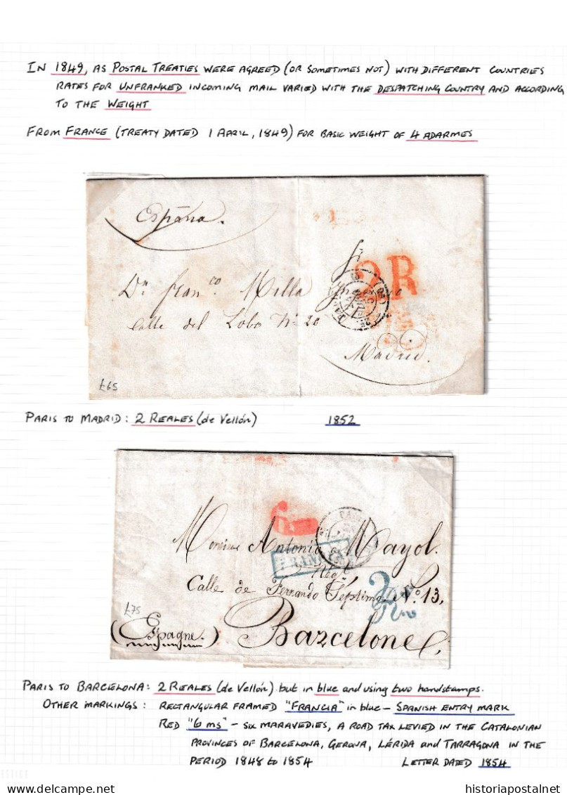 1852 Y 1854. Dos Cartas Con Origen En París Porteadas Con 2 Reales En Rojo Y Azul De Madrid Y Barcelona. Bonitas. - ...-1850 Prefilatelia
