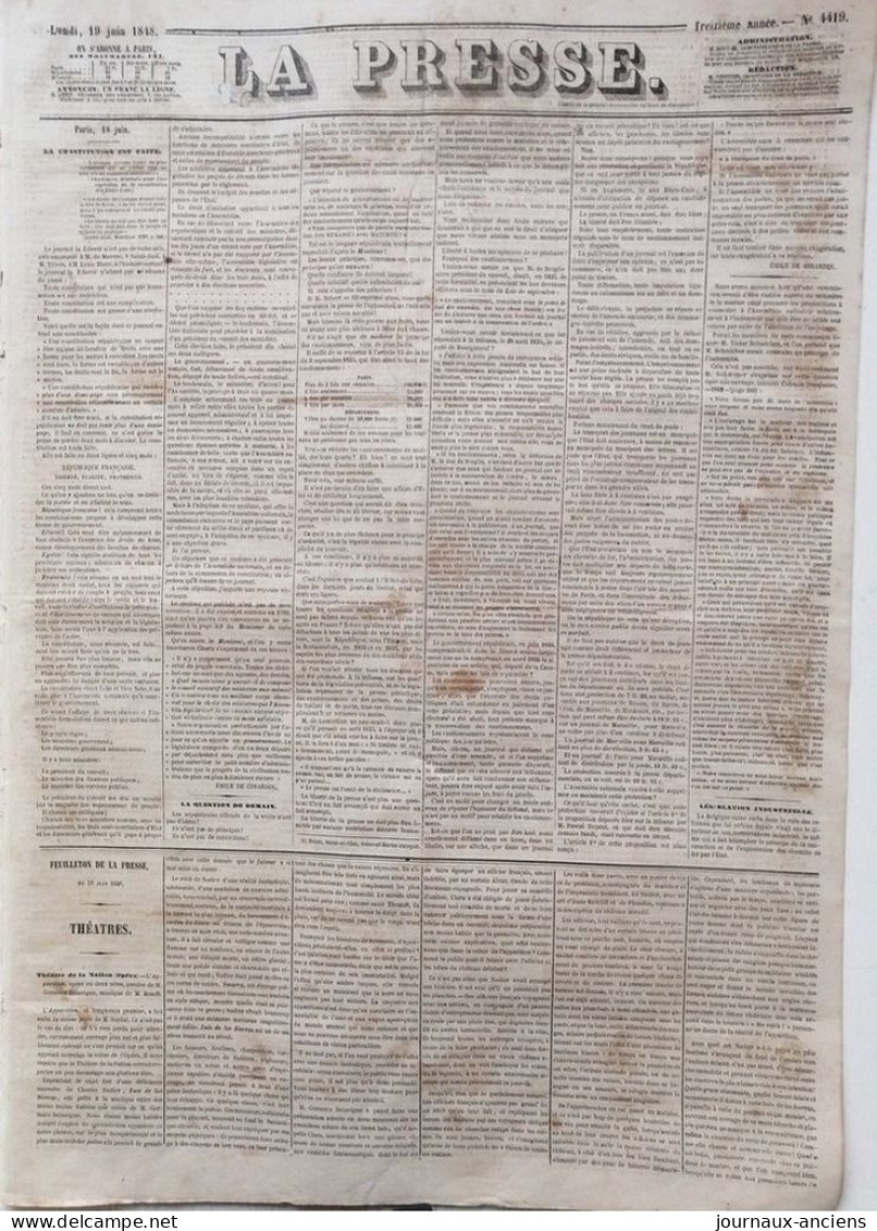 1848 LES RÉVOLTÉS D'AJAIN ( 23380 ) CREUSE  GUÉRET - THÉOPHILE GAUTIER - LA CONSTITUTION EST FAITE - Journal " LA PRESSE - Ohne Zuordnung
