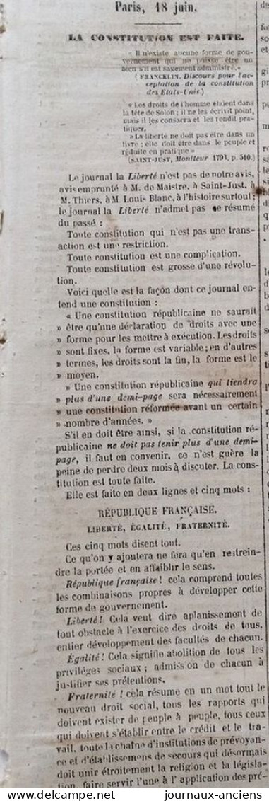 1848 LES RÉVOLTÉS D'AJAIN ( 23380 ) CREUSE  GUÉRET - THÉOPHILE GAUTIER - LA CONSTITUTION EST FAITE - Journal " LA PRESSE - Ohne Zuordnung