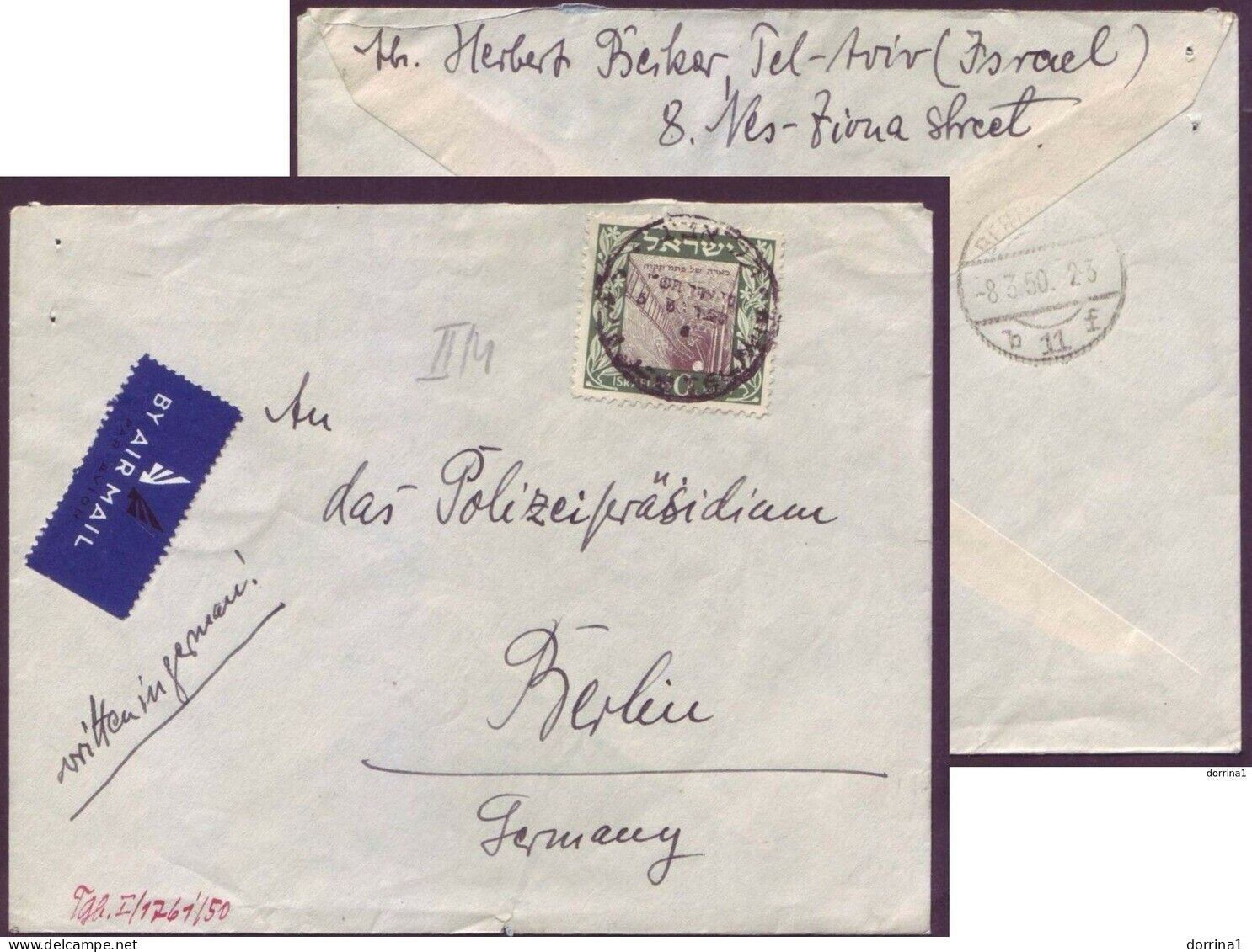 Israel Tel Aviv Cover To Germany 1950 - Air Mail - Lettres & Documents