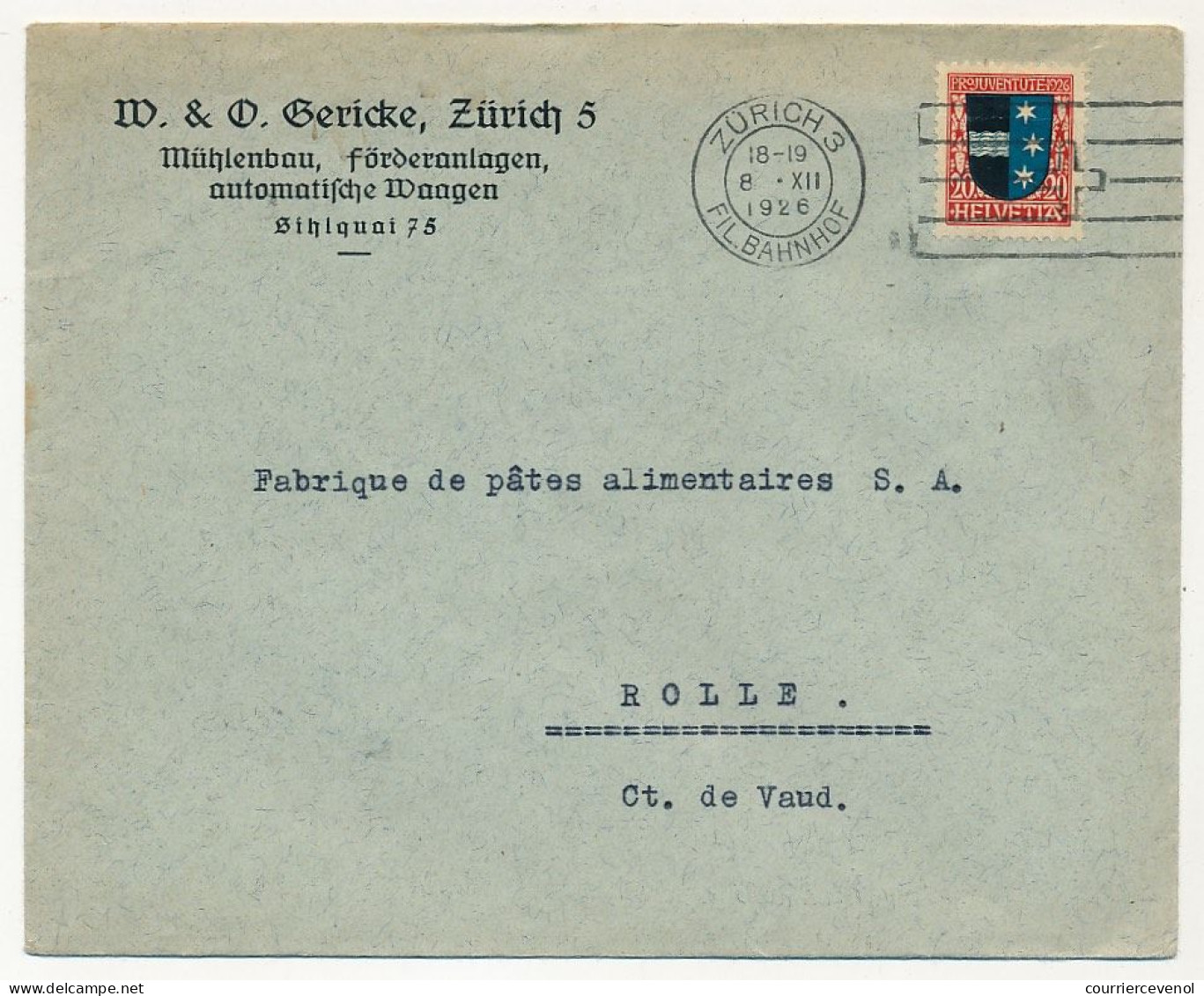 SUISSE - Enveloppe Affr. 20c + 20c Projuventute 1926 - Zürich 3 Bahnhof - Briefe U. Dokumente
