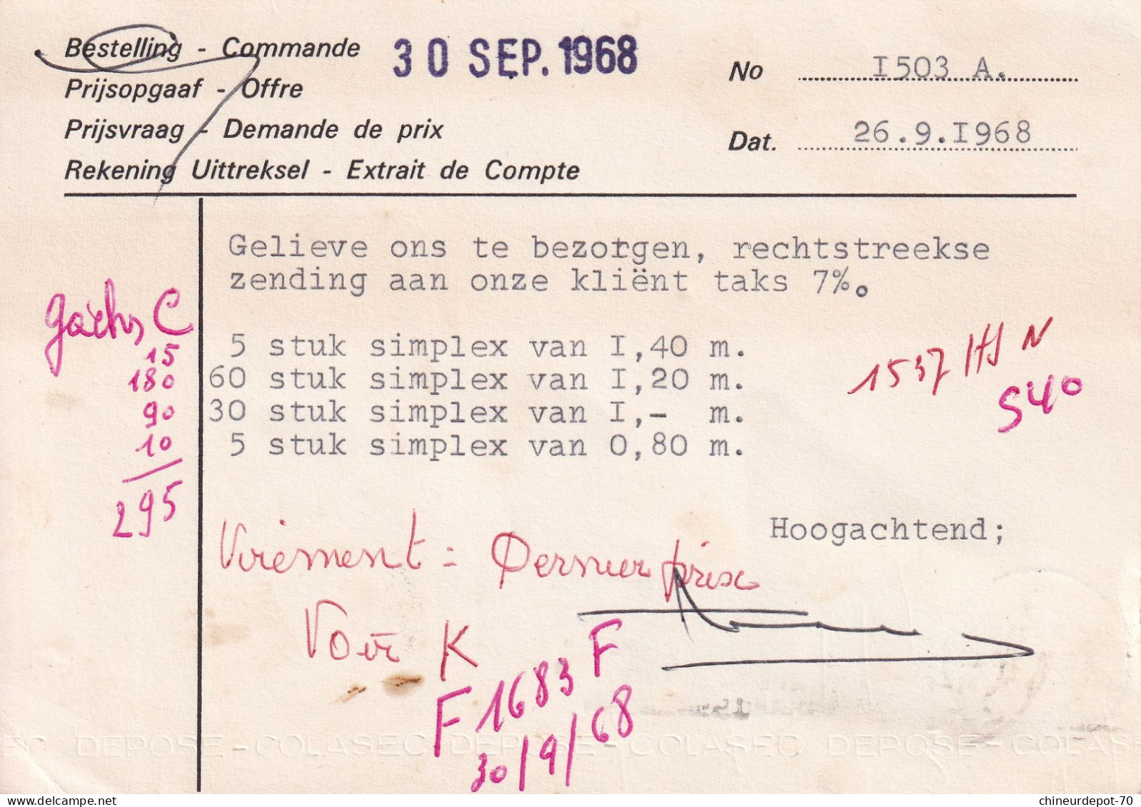1968 Desmet Buysschaert Gent La Bouillonnaise Bouillon Bestelling Commande Septembre 1968 - Lettres & Documents