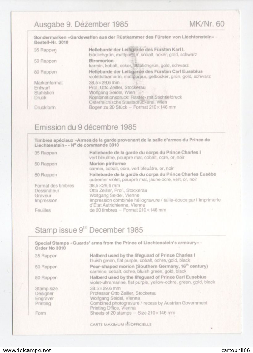 - 3 Cartes Postales VADUZ (Liechtenstein) 9.12.1985 - Série Complète ARMES DE LA GARDE DU PRINCE - - Brieven En Documenten