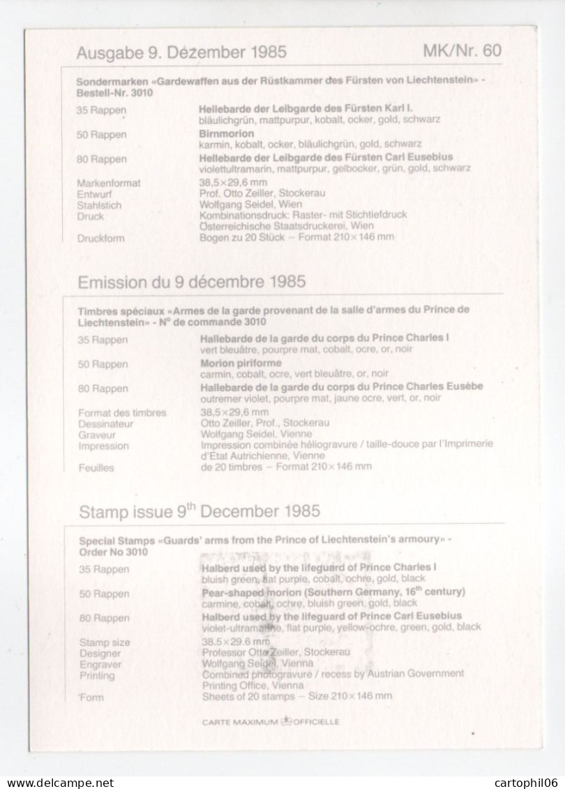 - 3 Cartes Postales VADUZ (Liechtenstein) 9.12.1985 - Série Complète ARMES DE LA GARDE DU PRINCE - - Brieven En Documenten