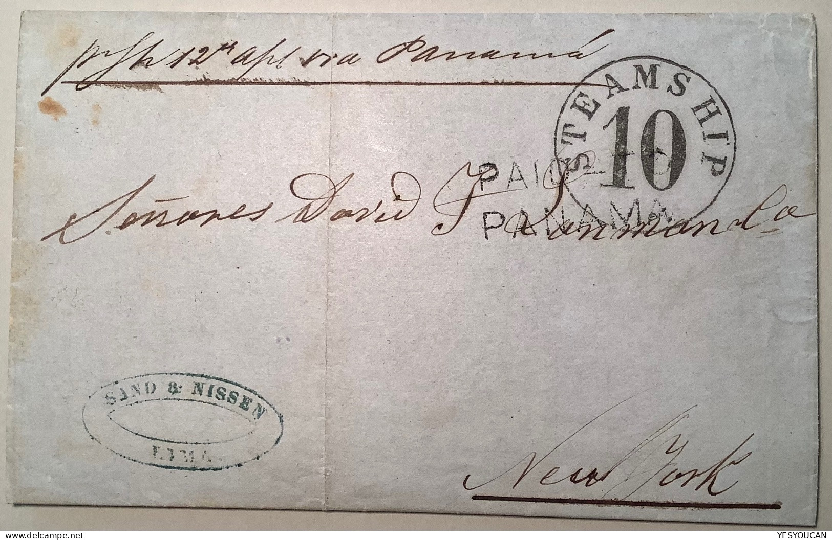 LIMA 1857 Entire Letter„PAID TO PANAMA“(British P.O Abroad)+STEAMSHIP10>New York (USA Cover GB Used Abroad Peru - Perù