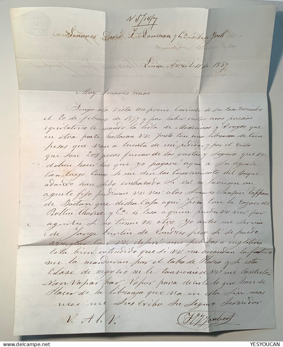 LIMA 1857 Entire Letter„PAID TO PANAMA“(British P.O Abroad)+STEAMSHIP10>New York (USA Cover GB Used Abroad Peru - Pérou